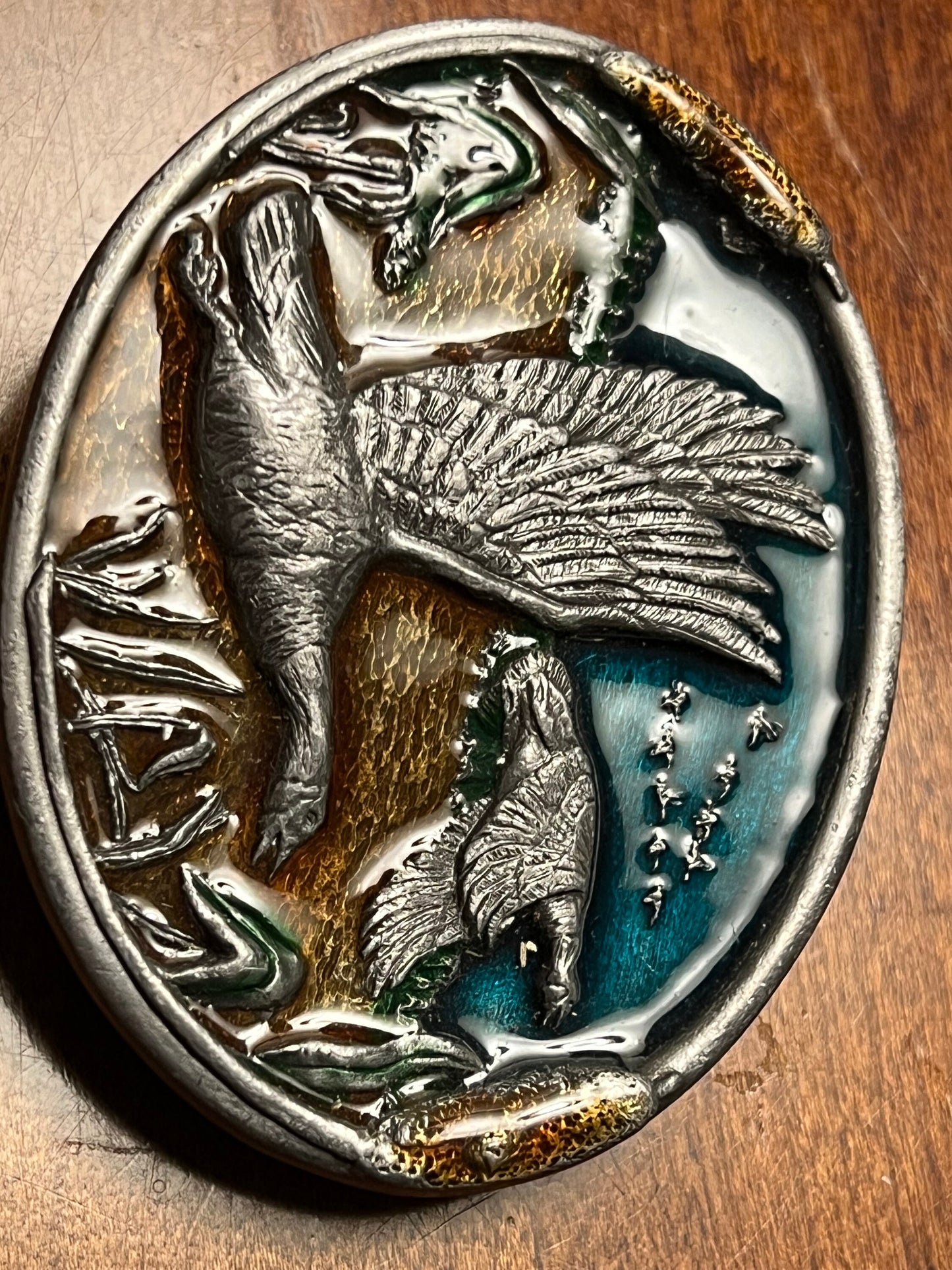 Vintage Enameled Geese in Flight Belt Buckle, Hunter Nature Belt Buckle, Lover Antiques and Vintage