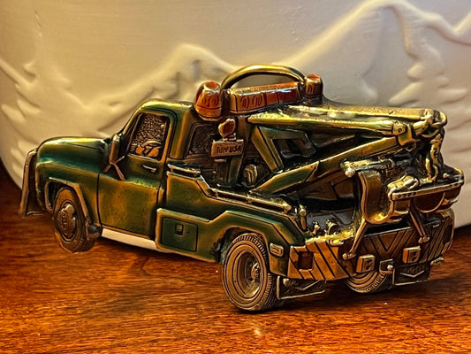 Vintage 1980 Tow Truck Belt Buckle, Green Enameled Tow Truck, by Great American Belt Buckle Co, Chicago, IL, Made in USA, Lover Antiques