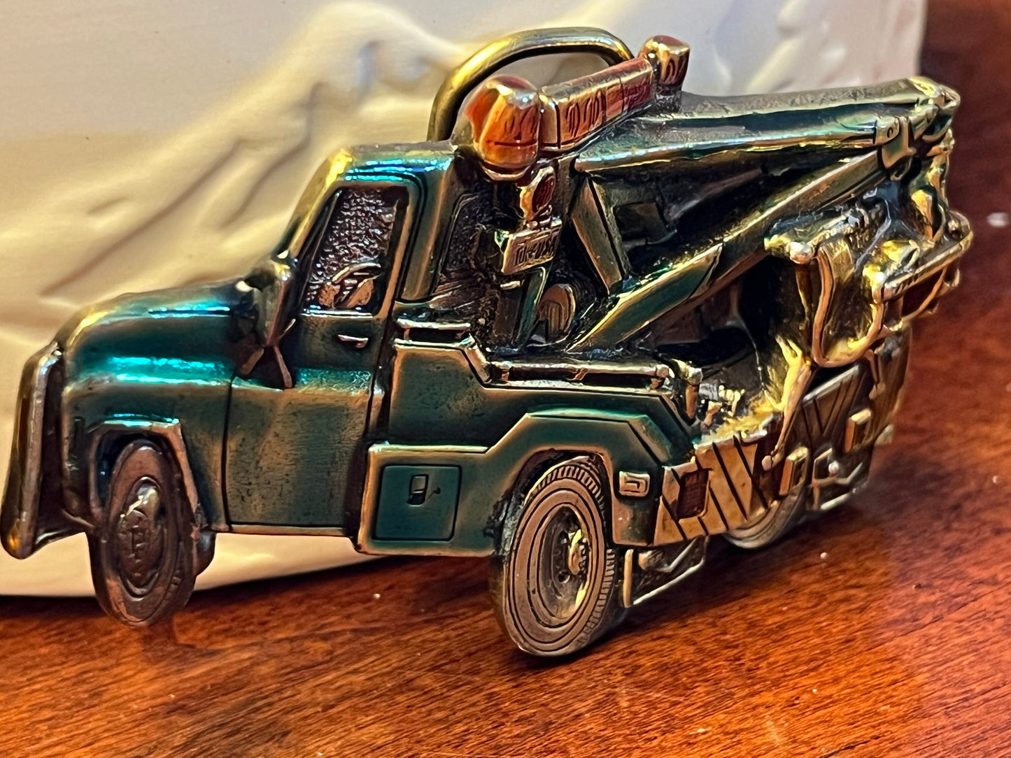 Vintage 1980 Tow Truck Belt Buckle, Green Enameled Tow Truck, by Great American Belt Buckle Co, Chicago, IL, Made in USA, Lover Antiques
