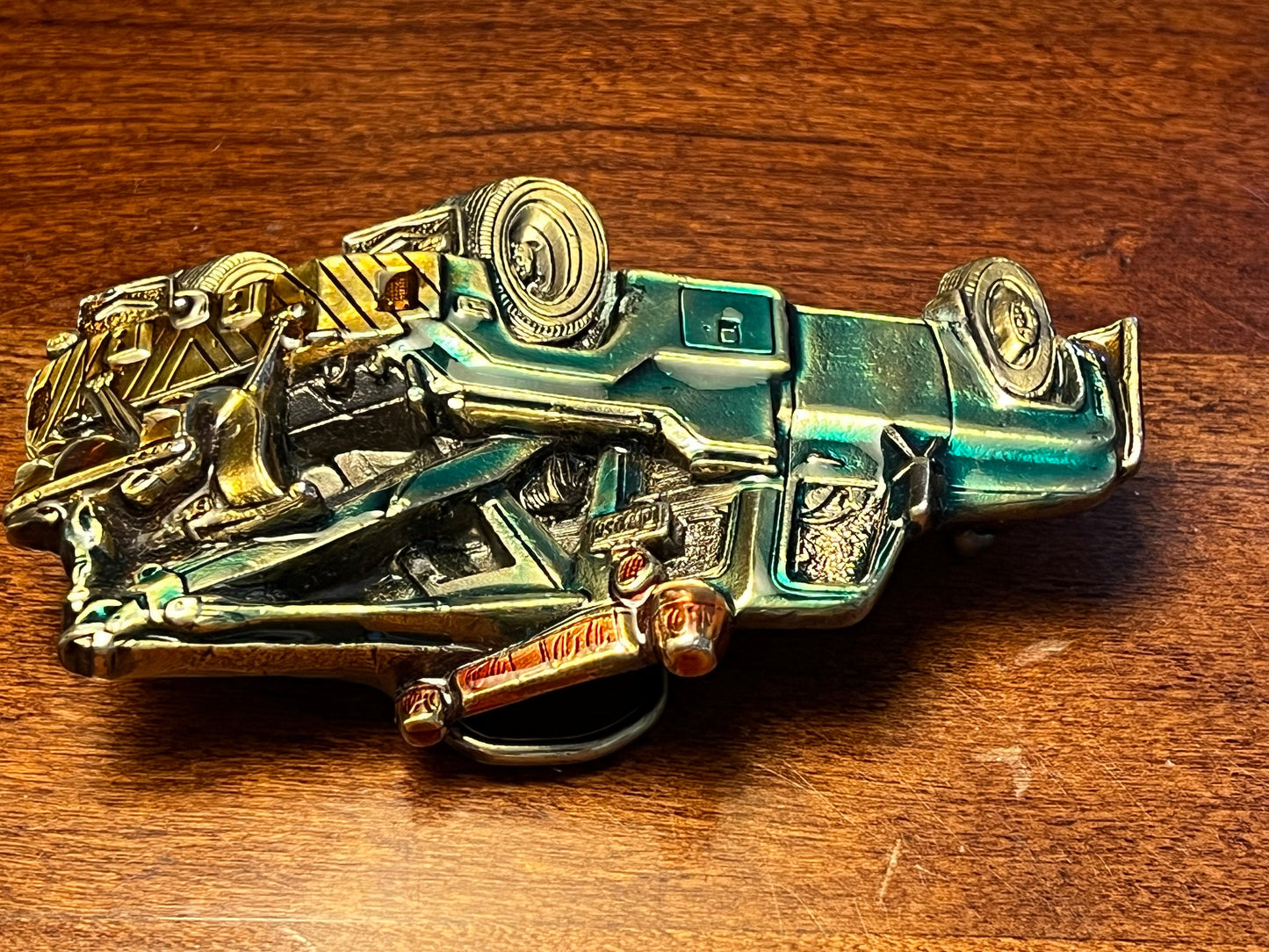 Vintage 1980 Tow Truck Belt Buckle, Green Enameled Tow Truck, by Great American Belt Buckle Co, Chicago, IL, Made in USA, Lover Antiques