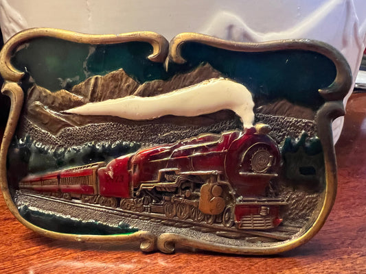 Pennsylvania Railroad PRR Steam Engine Locomotive Train Belt Buckle, Enamel Train by Bergamot Brass Works, U-149, Lover Antiques and Vintage