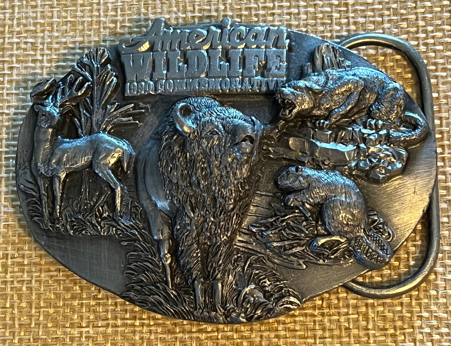 Vintage American Wildlife 1990 Commemorative Belt Buckle, Bison, Bear, Wild Animals Buckle, Siskiyou Buckle Co, Lover Antiques and Vintage
