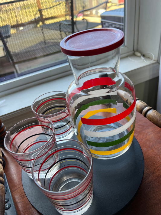 Vintage Fiesta Bands Striped Carafe with Lid & 3 Glasses Anchor Hocking 1950'S Mid Century Modern Drink Ware Lover Antiques and Vintage