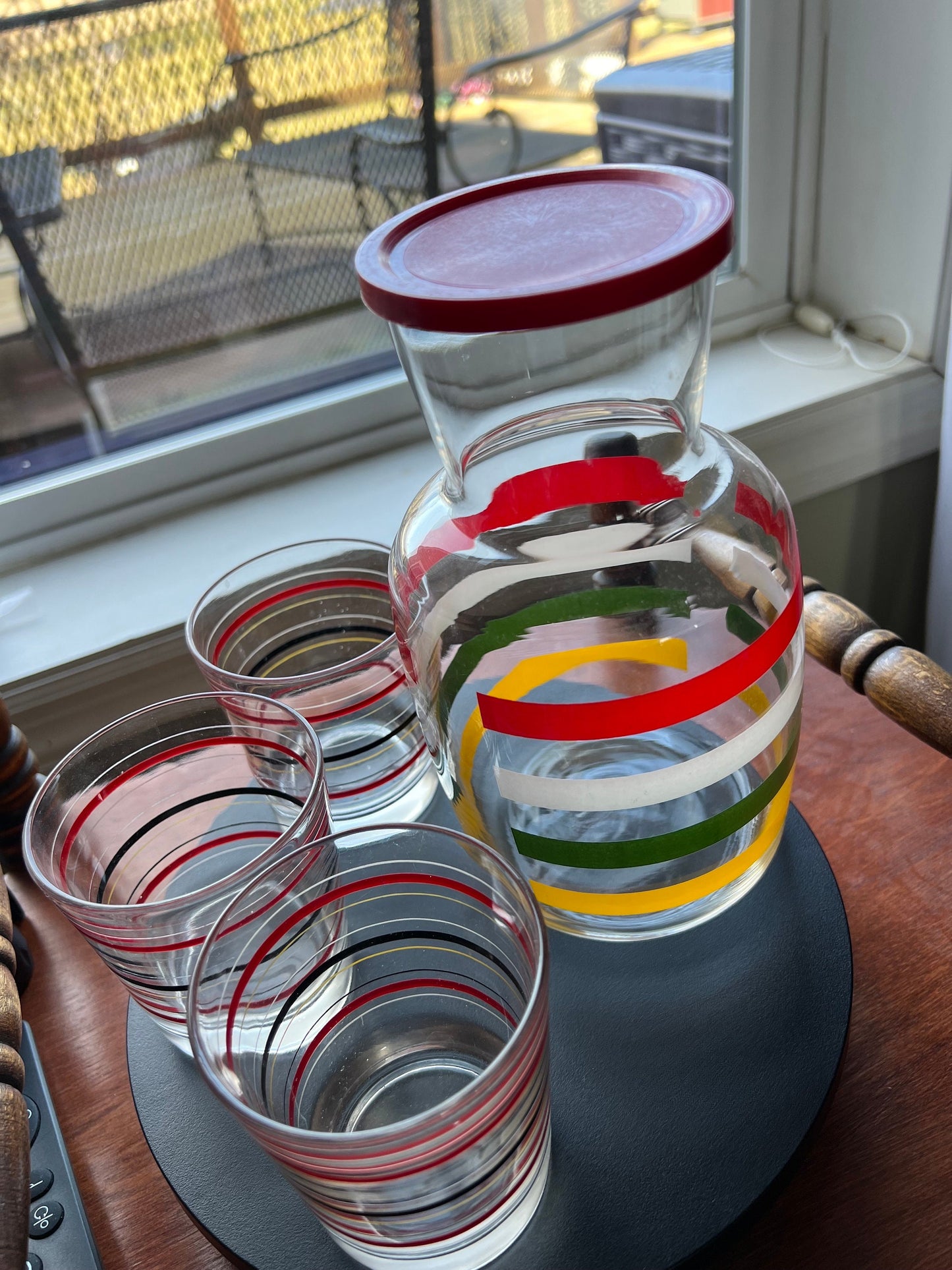 Vintage Fiesta Bands Striped Carafe with Lid & 3 Glasses Anchor Hocking 1950'S Mid Century Modern Drink Ware Lover Antiques and Vintage