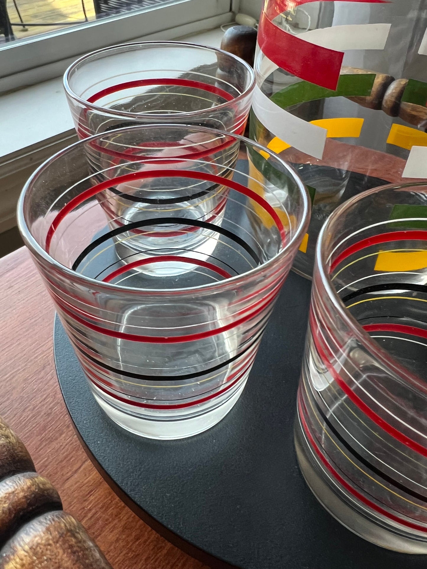 Vintage Fiesta Bands Striped Carafe with Lid & 3 Glasses Anchor Hocking 1950'S Mid Century Modern Drink Ware Lover Antiques and Vintage