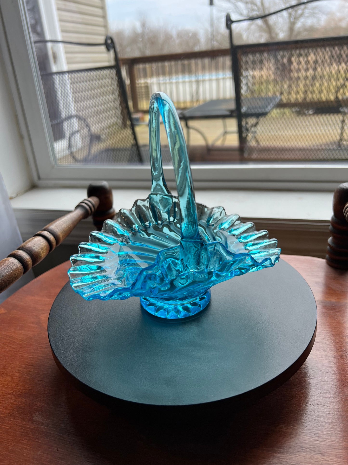 Vintage Blue Ruffled Basket, Fenton Art Glass, Candy Dish, Fancy Blue Glass Art, Lover Antiques and Vintage