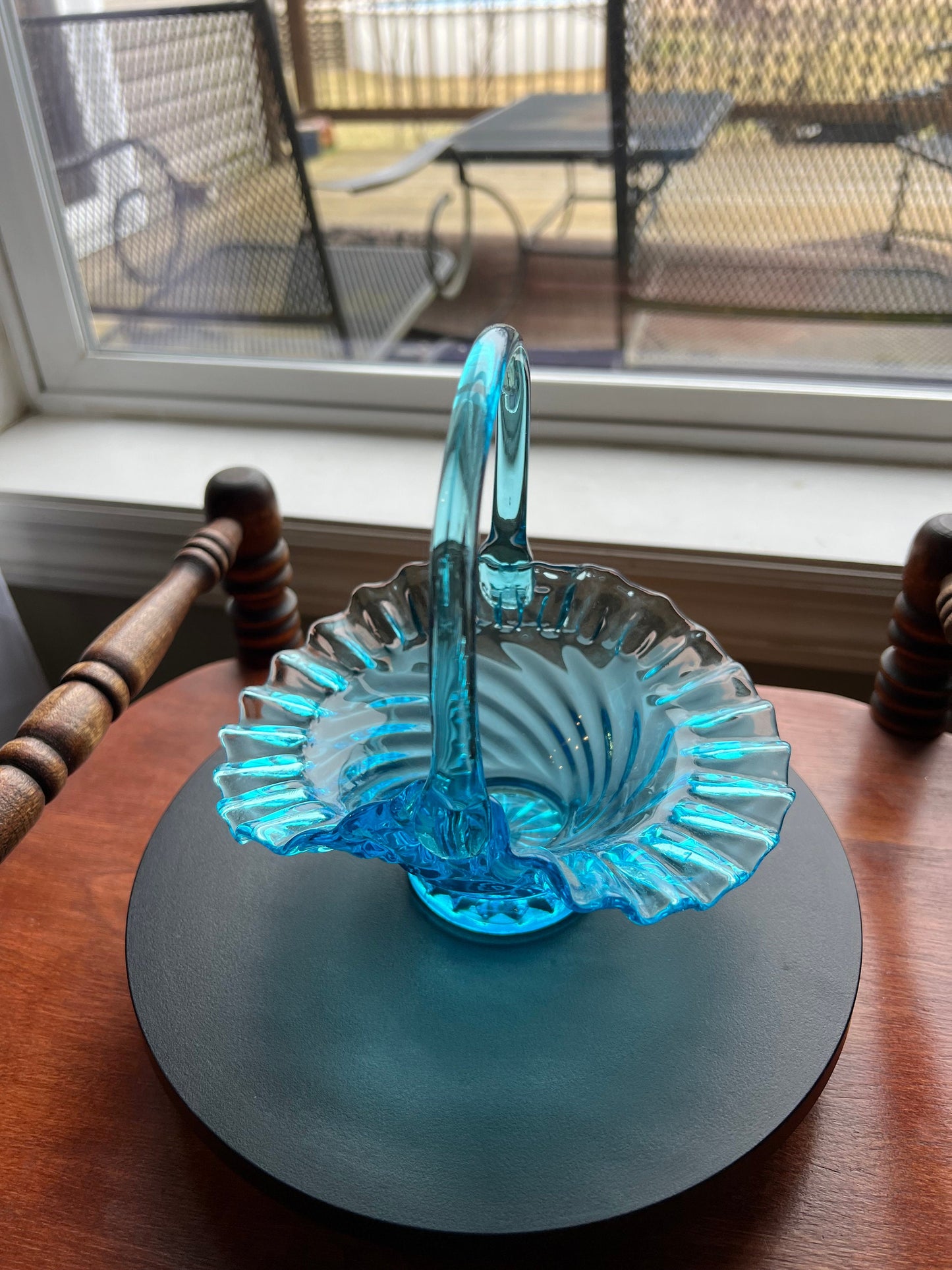 Vintage Blue Ruffled Basket, Fenton Art Glass, Candy Dish, Fancy Blue Glass Art, Lover Antiques and Vintage