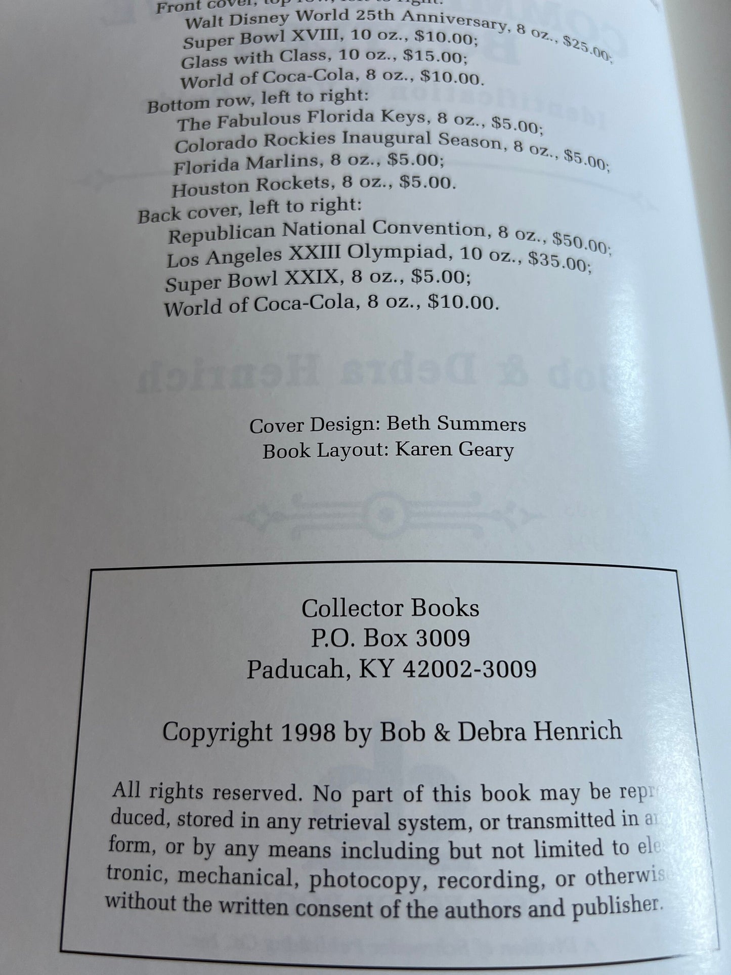 Coca Cola Commemorative Bottles Identification and Price Guide Book, by Bob and Debra Henrich, Lover Antiques and Vintage