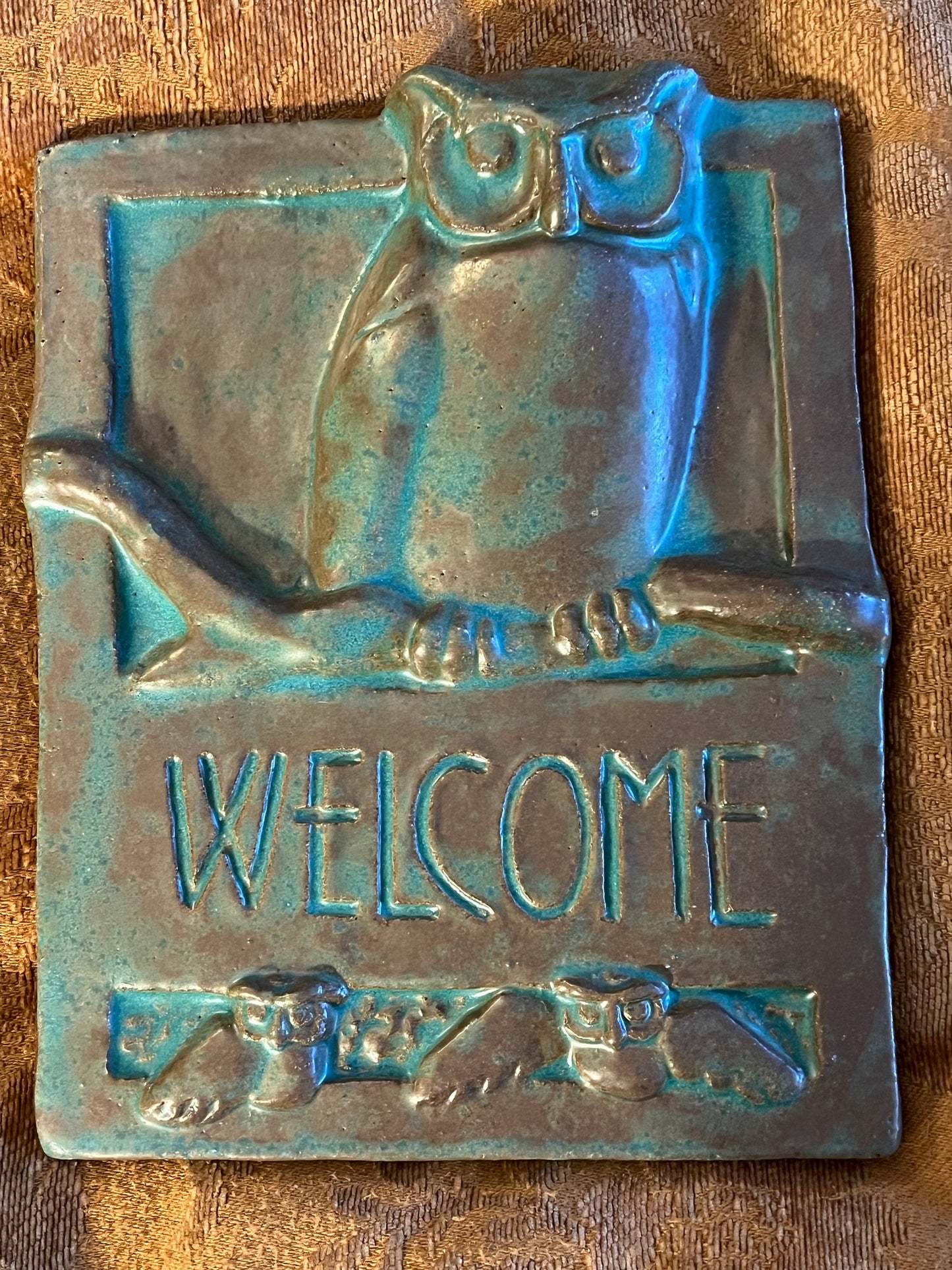 Owl Welcome Sign Tile by Janet Ontko, Clay Tile Owl Welcome Gift Handcrafted Owl Welcome Clay Tile Lover Antiques and Vintage
