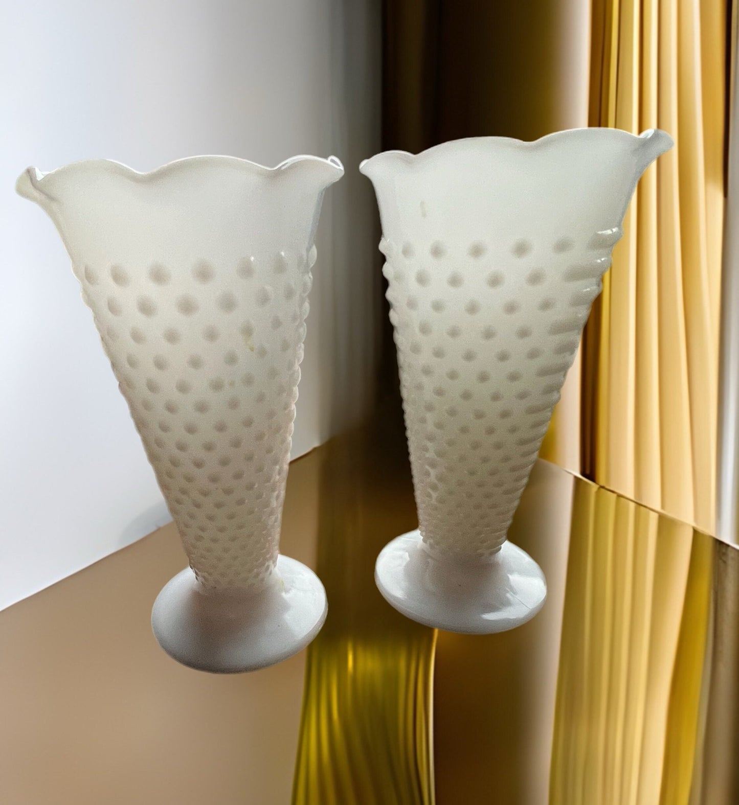Vintage Hobnail White Ruffled Vase, Pair of White Milk Glass Vases, Lover Antiques and Vintage