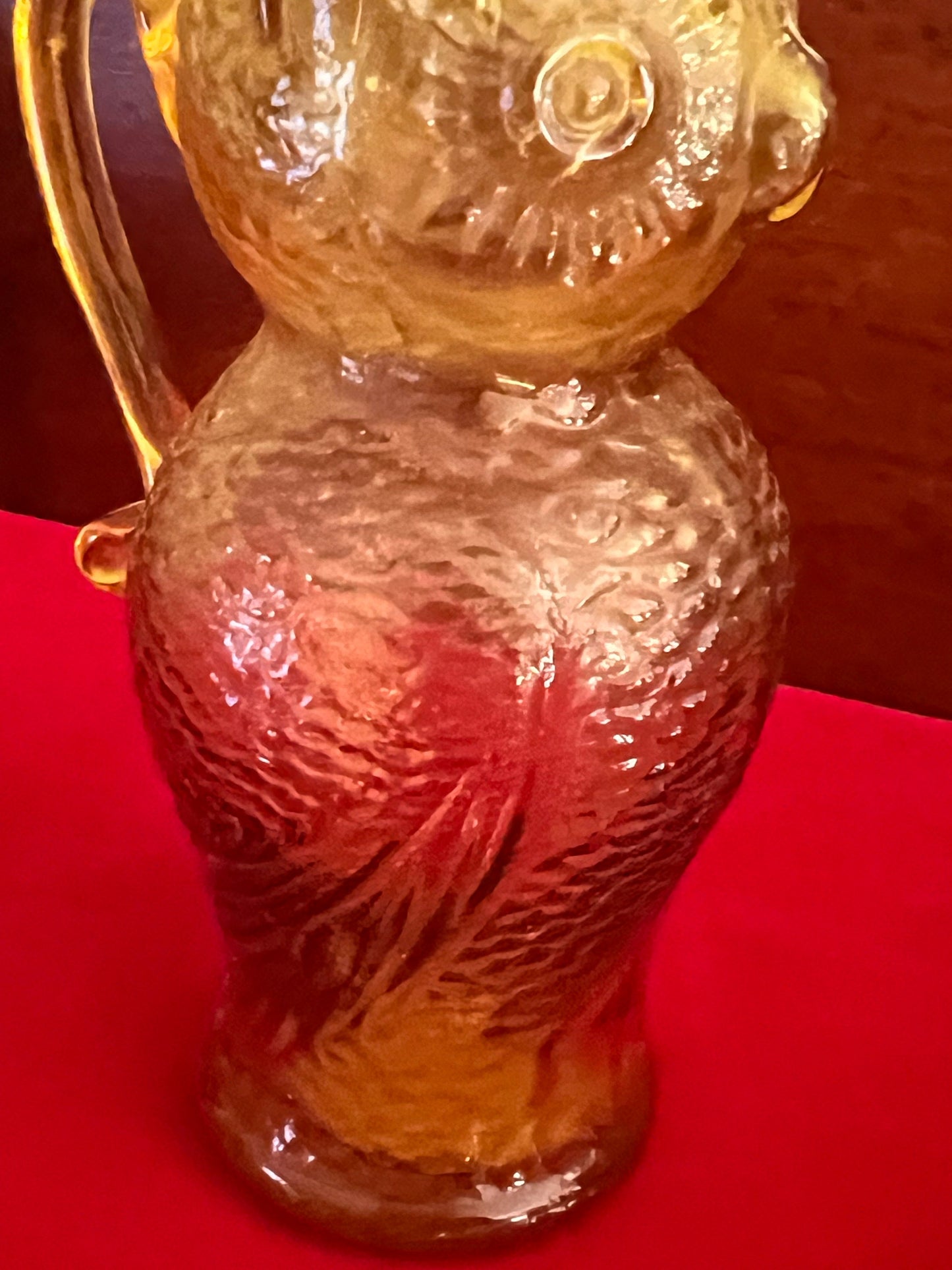 Vintage Amber Kanawha Owl Pitcher, Hand Blown Amber Owl Pitcher, Lover Antiques and Vintage