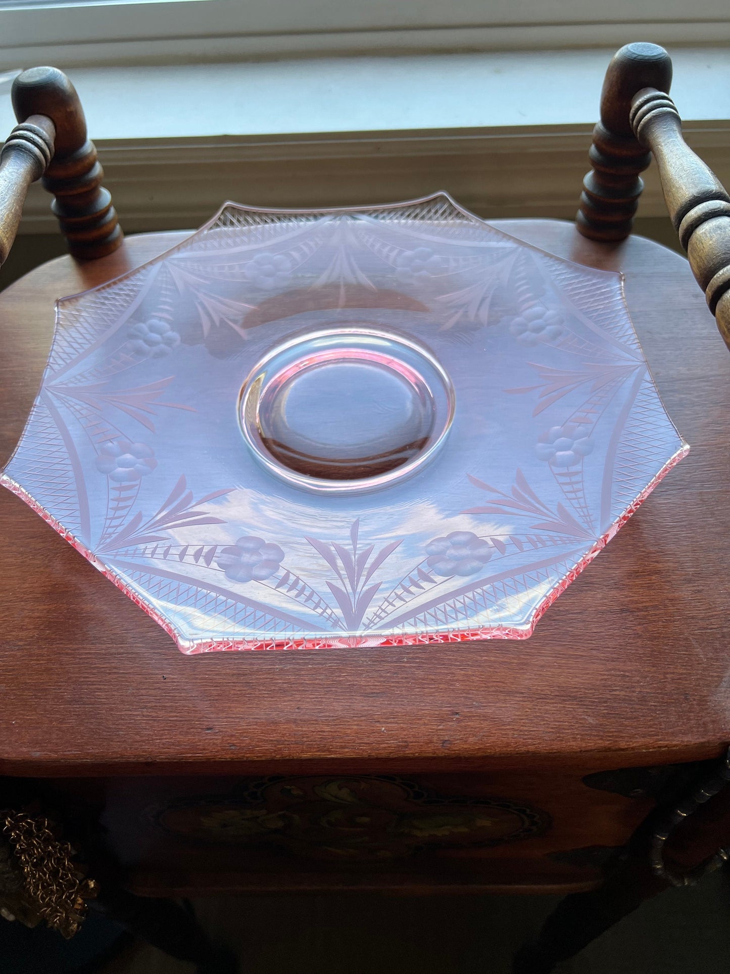 Vintage Pink Tiffin Glass Octagonal Serving Platter, Pink Footed 8 Sided Dish, Pink Depression Glass Art, Lover Antiques and Vintage