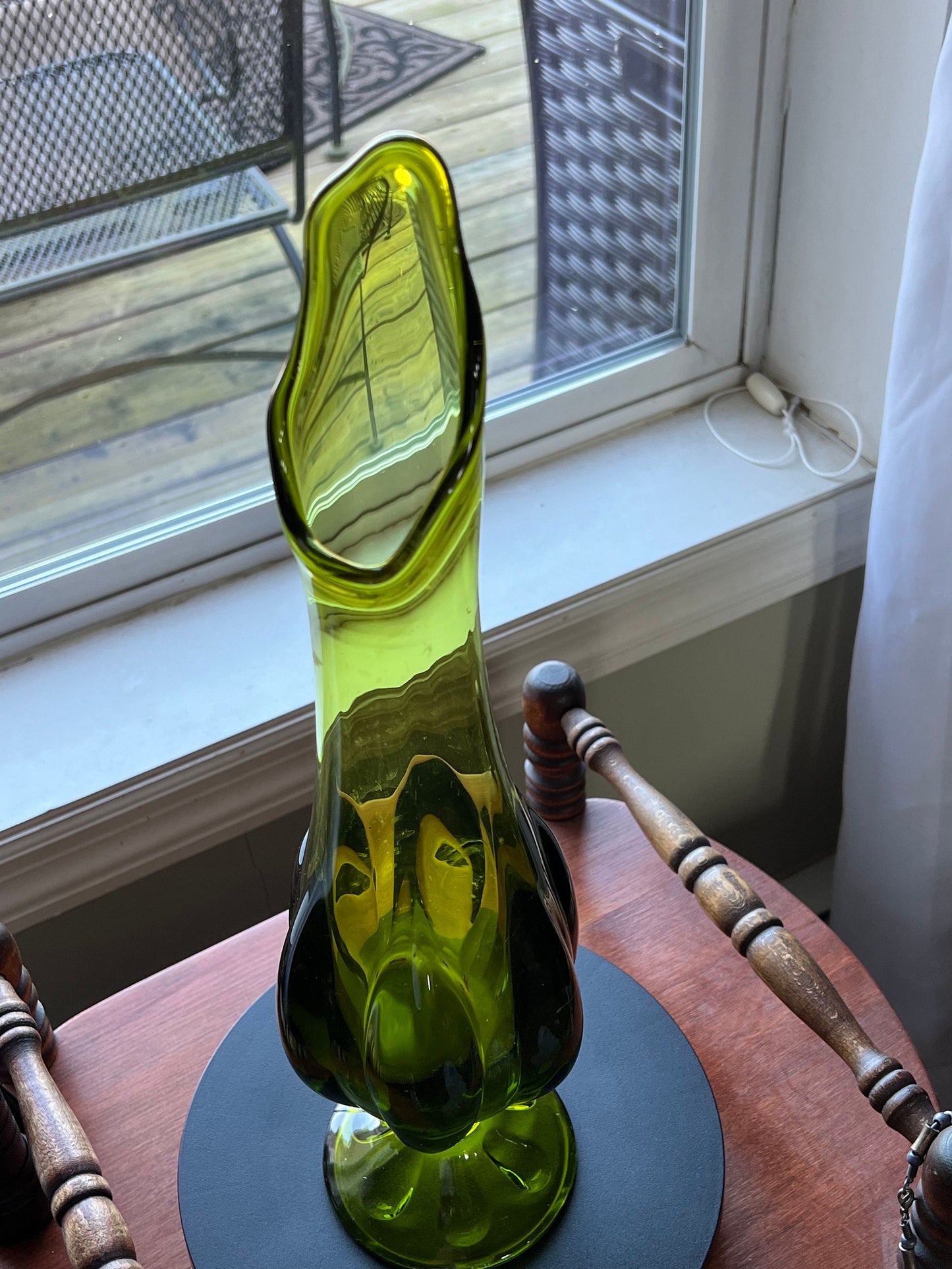 Vintage Viking Epic Avocado Green Swung Vase, Green Swung Glass Vase, Viking Green Vase with Pedestal, Lover Antiques and Vintage