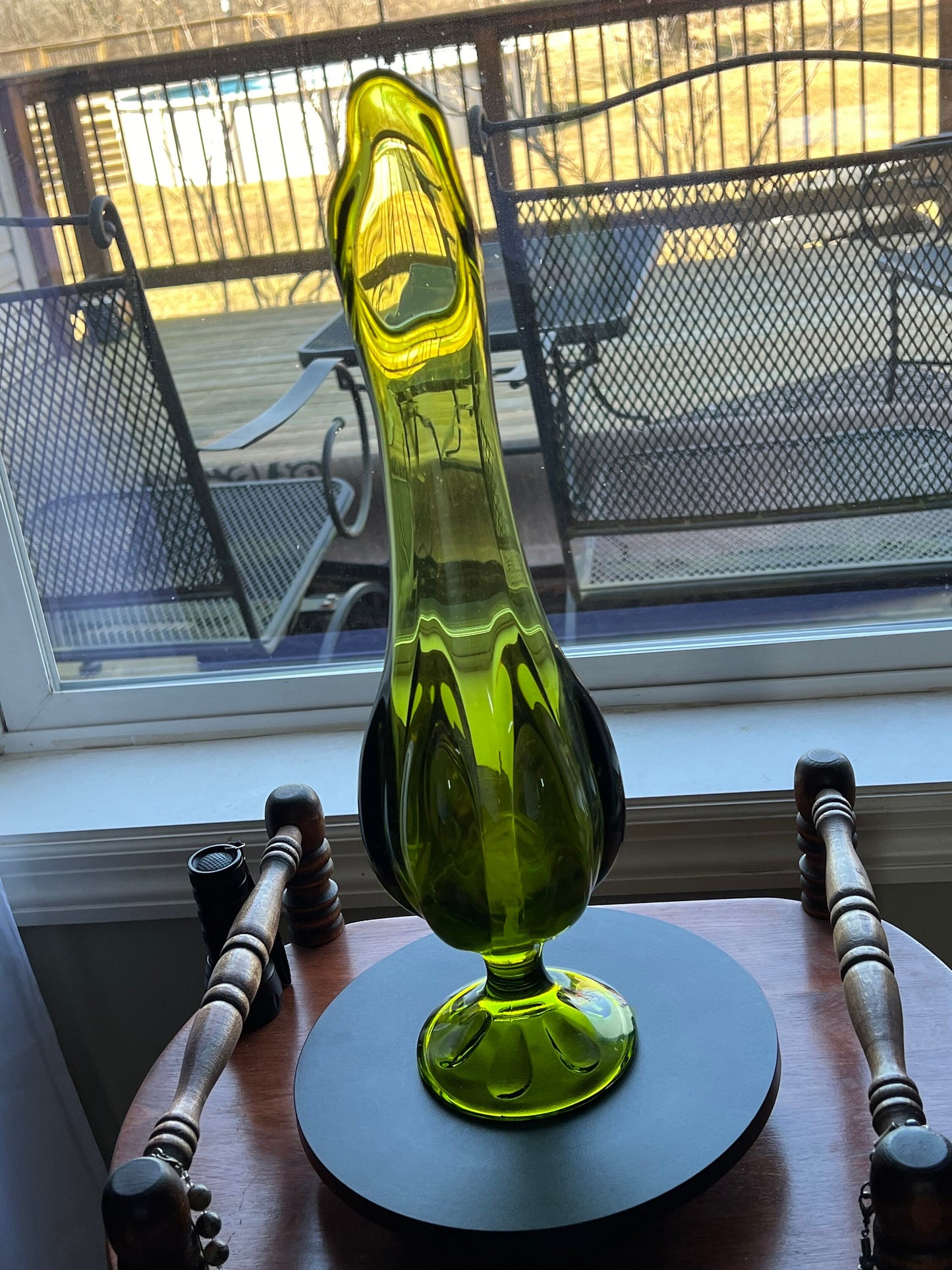 Vintage Viking Epic Avocado Green Swung Vase, Green Swung Glass Vase, Viking Green Vase with Pedestal, Lover Antiques and Vintage