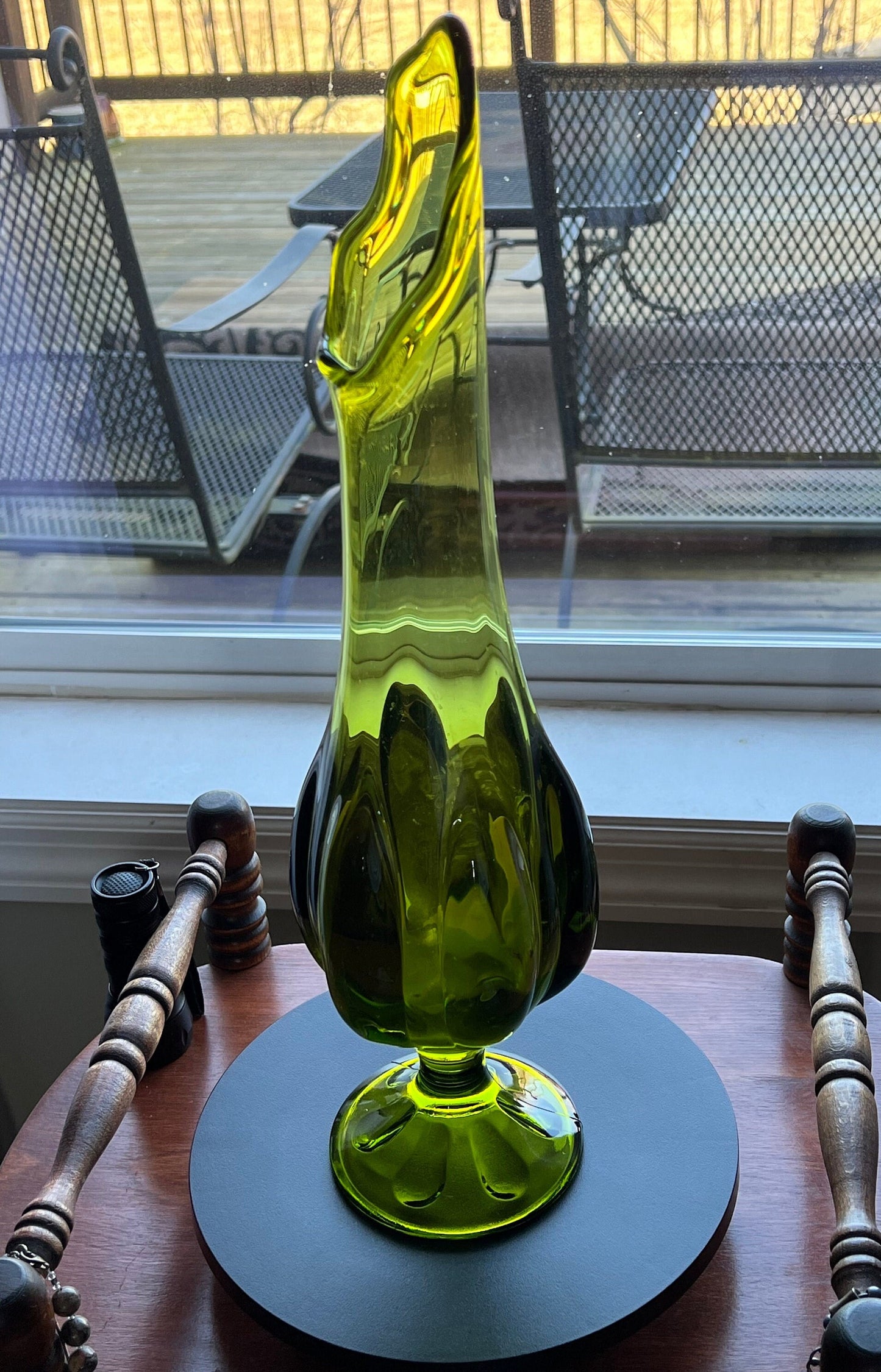 Vintage Viking Epic Avocado Green Swung Vase, Green Swung Glass Vase, Viking Green Vase with Pedestal, Lover Antiques and Vintage