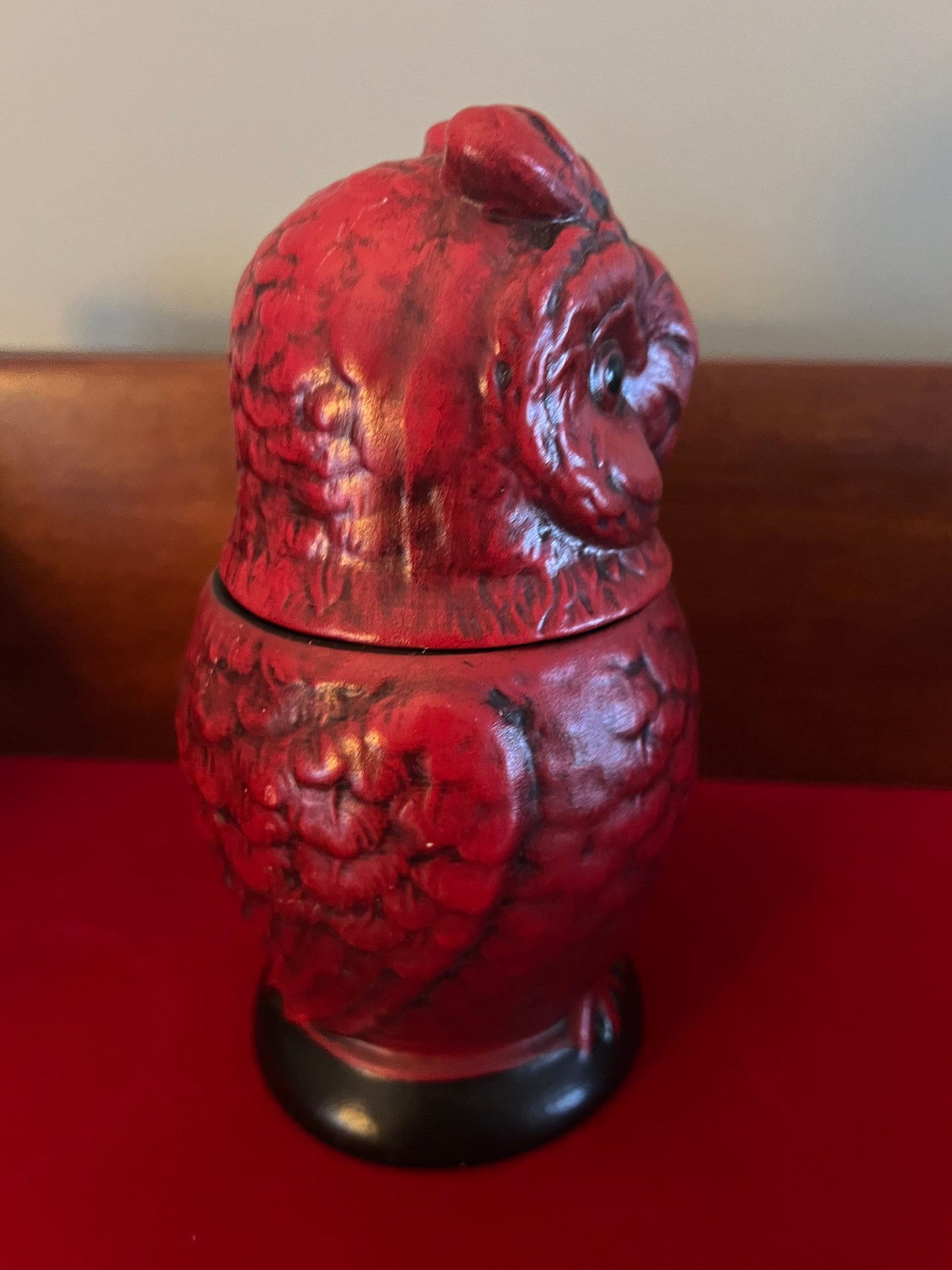 Vintage Red Ceramic Owl Jar with Lid, Owl with Removeable Head Ceramic Art, Lover Antiques and Vintage