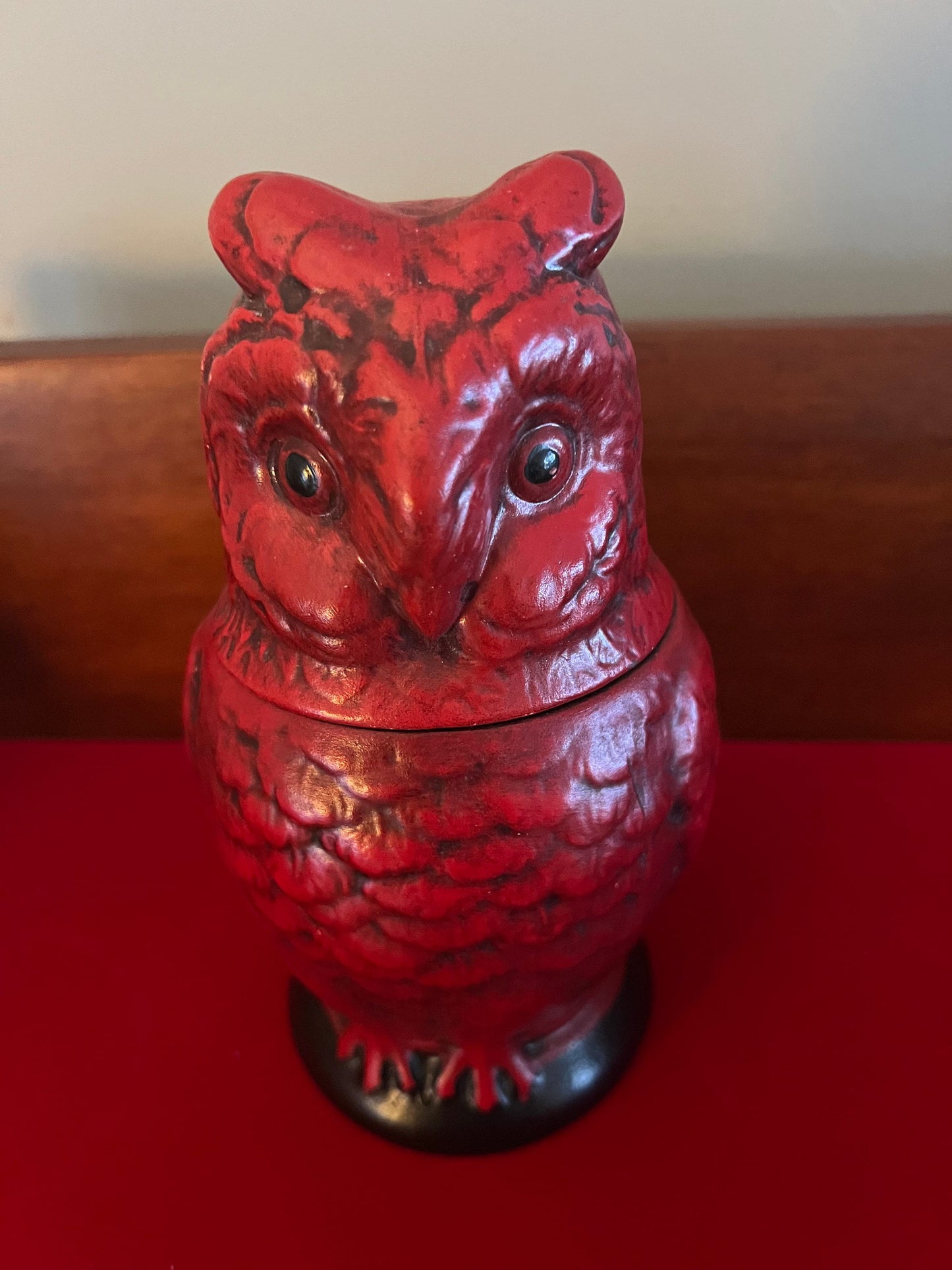 Vintage Red Ceramic Owl Jar with Lid, Owl with Removeable Head Ceramic Art, Lover Antiques and Vintage