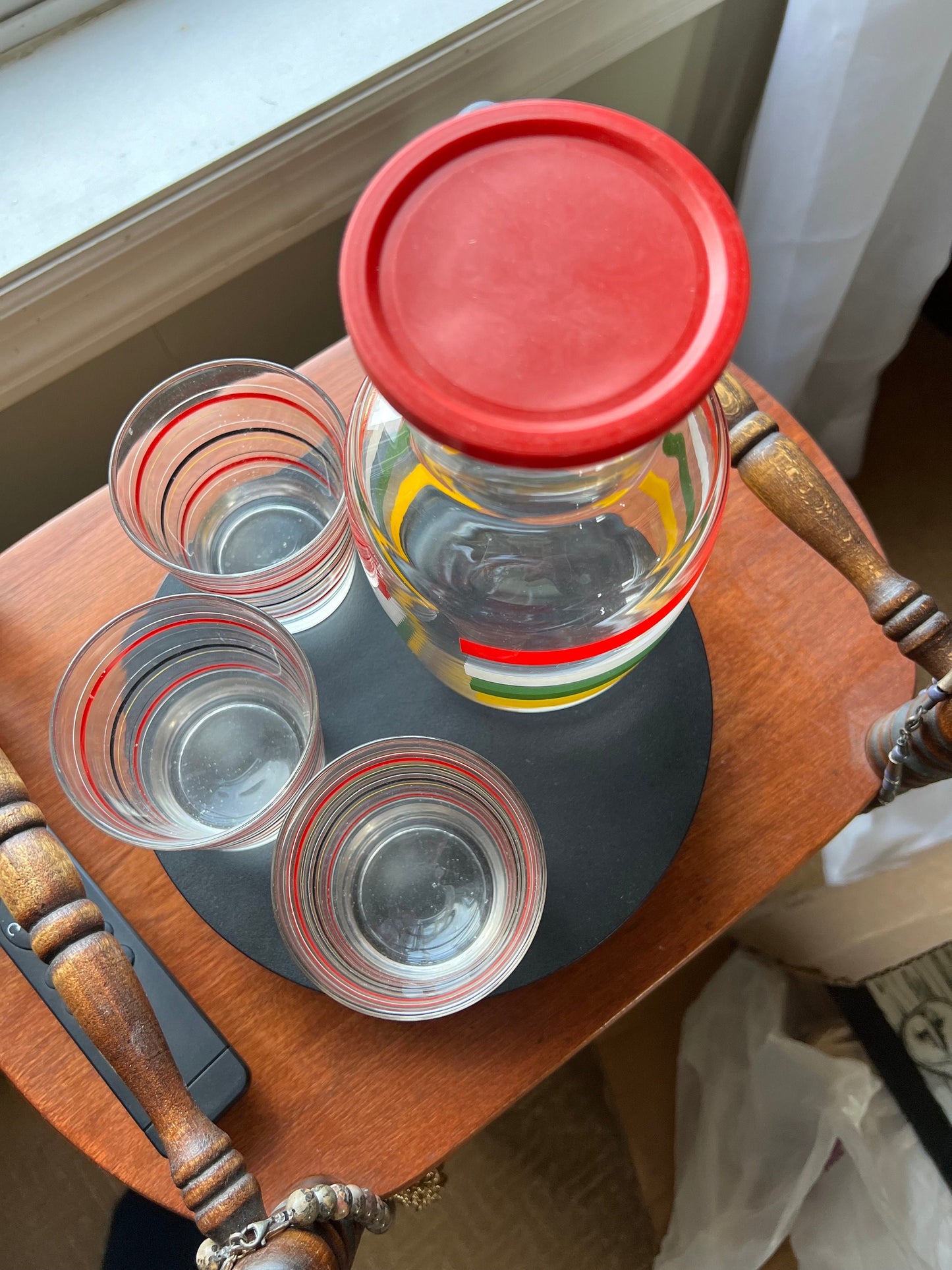 Vintage Fiesta Bands Striped Carafe with Lid & 3 Glasses Anchor Hocking 1950'S Mid Century Modern Drink Ware Lover Antiques and Vintage