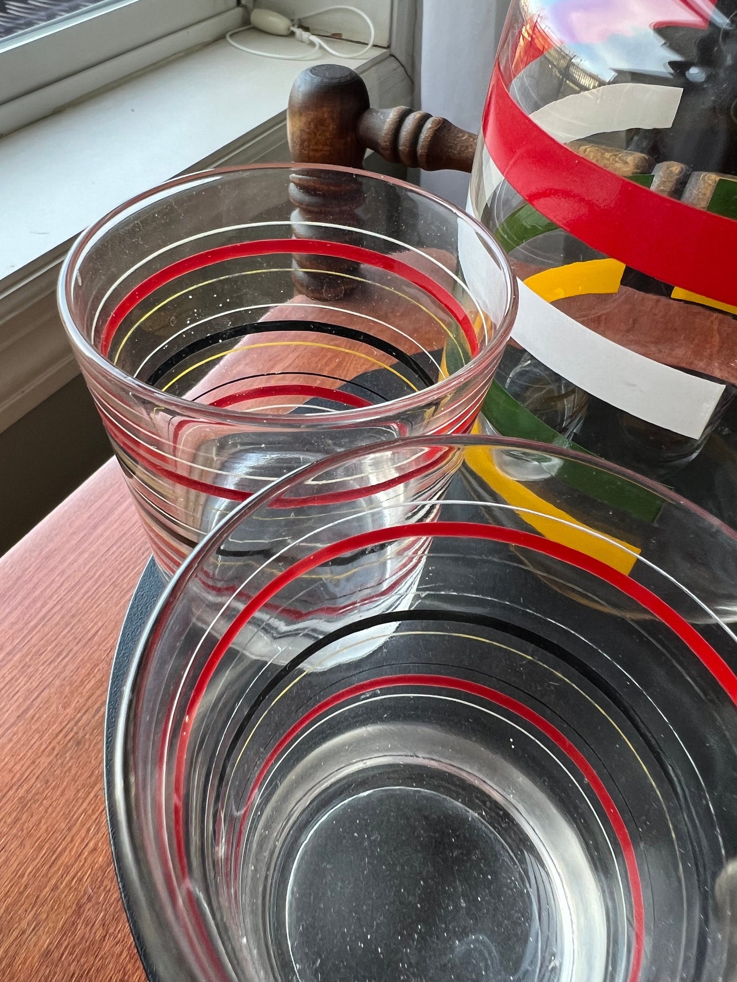 Vintage Fiesta Bands Striped Carafe with Lid & 3 Glasses Anchor Hocking 1950'S Mid Century Modern Drink Ware Lover Antiques and Vintage