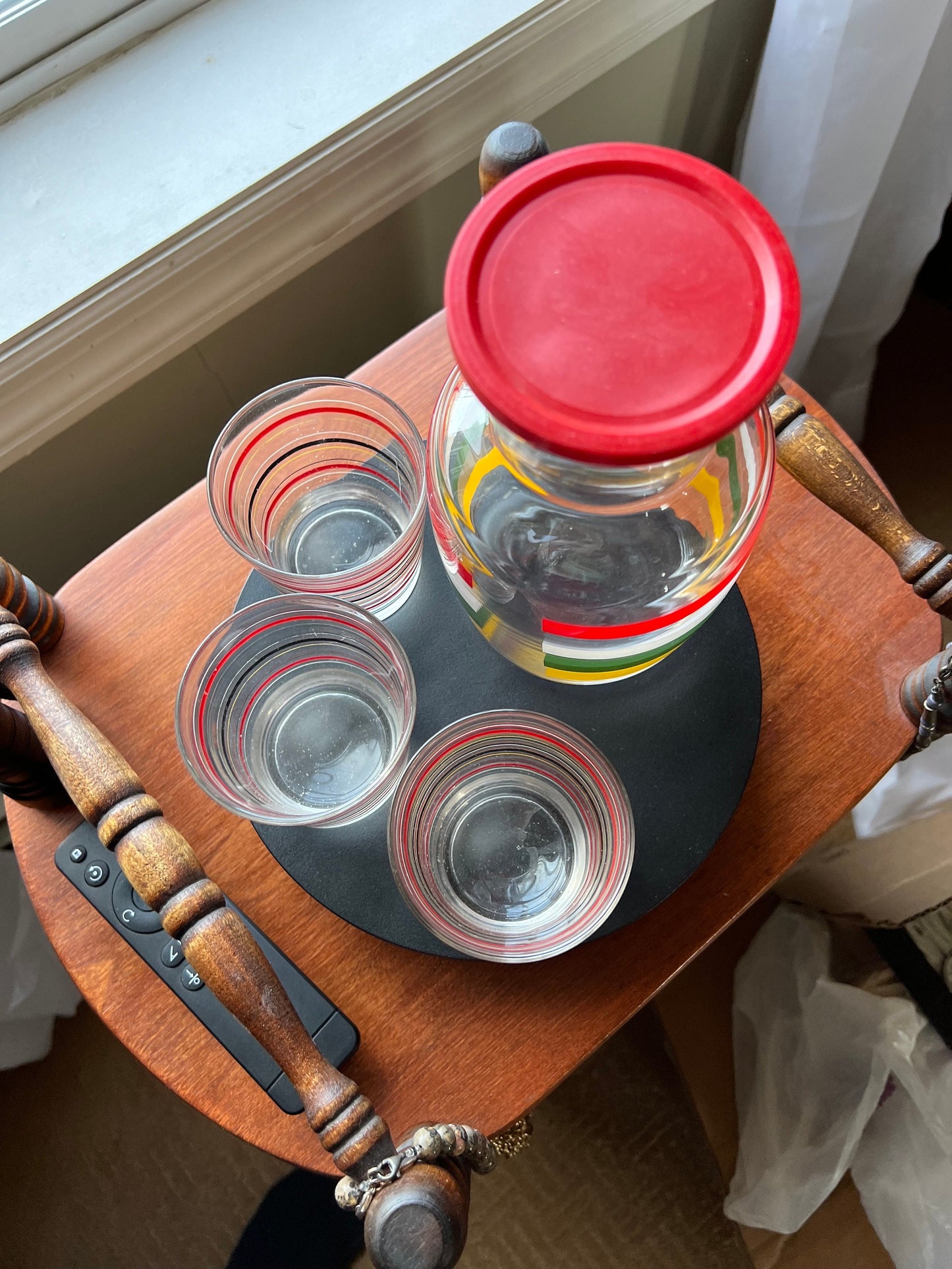 Vintage Fiesta Bands Striped Carafe with Lid & 3 Glasses Anchor Hocking 1950'S Mid Century Modern Drink Ware Lover Antiques and Vintage