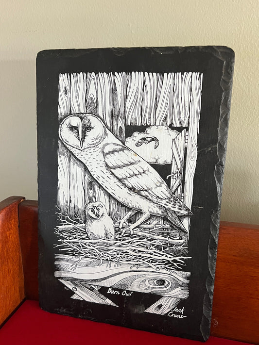 Vintage Barn Owl Slate Wall Hanging, Plaque Jack Crane Cedar Point Souvenir Frank Weng, Etching of Owl, Lover Antiques and Vintage