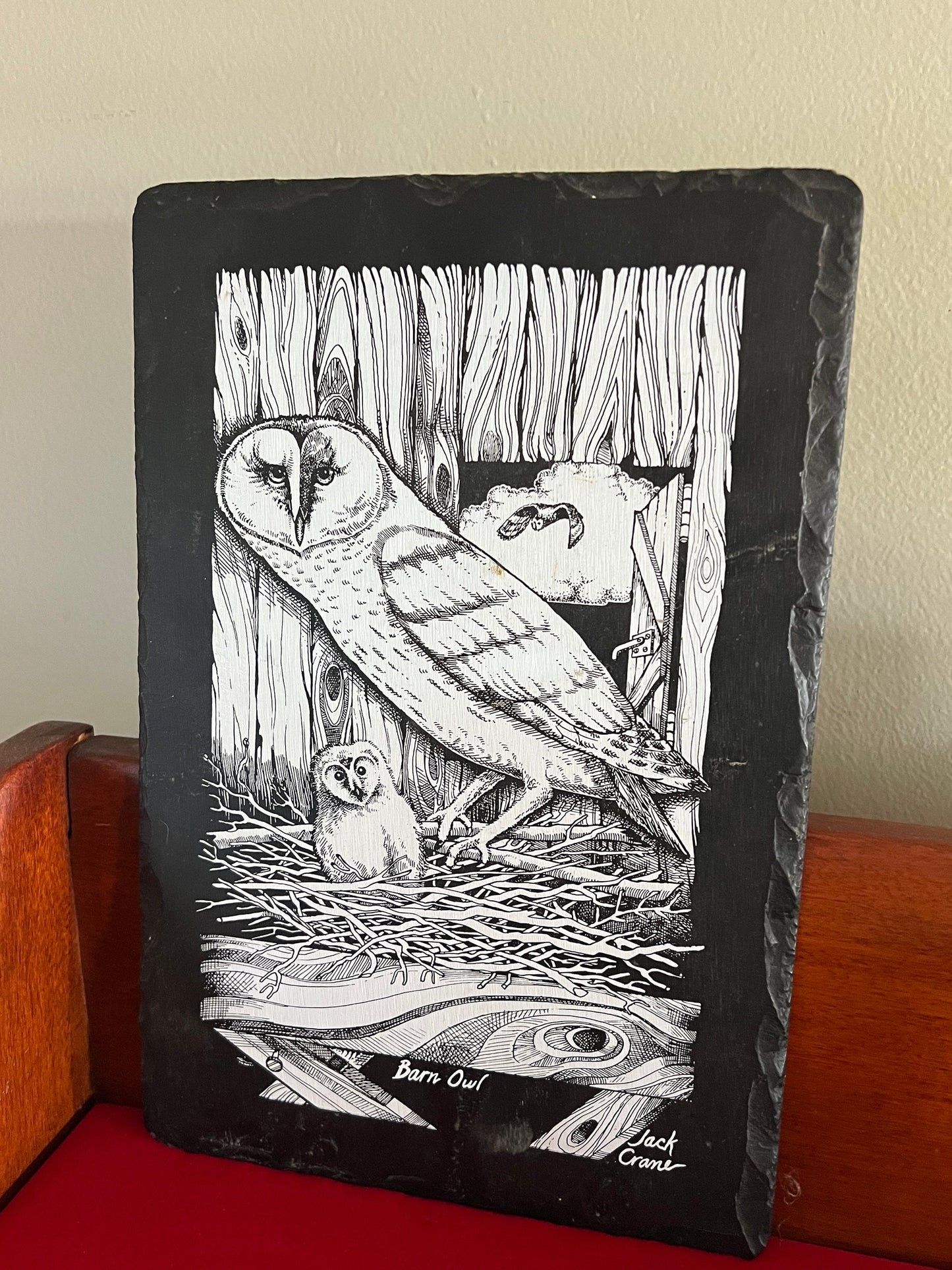 Vintage Barn Owl Slate Wall Hanging, Plaque Jack Crane Cedar Point Souvenir Frank Weng, Etching of Owl, Lover Antiques and Vintage