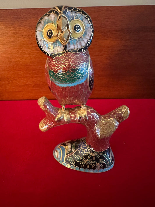 Vintage Cloisonné Enamel Owl Statue on a Branch,  Owl with Brass Base, Colorful Enameled Owl Figurine, Lover Antiques and Vintage