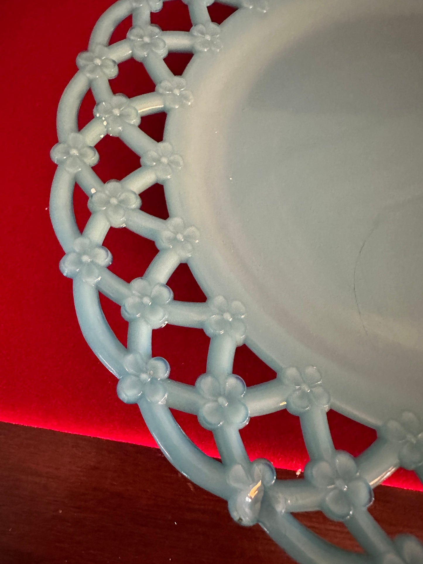 Vintage Westmoreland Blue Milk Glass Open Lace Edge Plate, Blue Open Lace Plate, Lover Antiques and Vintage