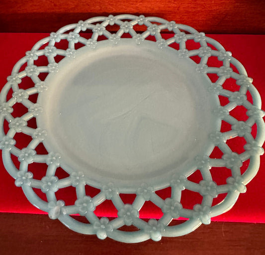 Vintage Westmoreland Blue Milk Glass Open Lace Edge Plate, Blue Open Lace Plate, Lover Antiques and Vintage