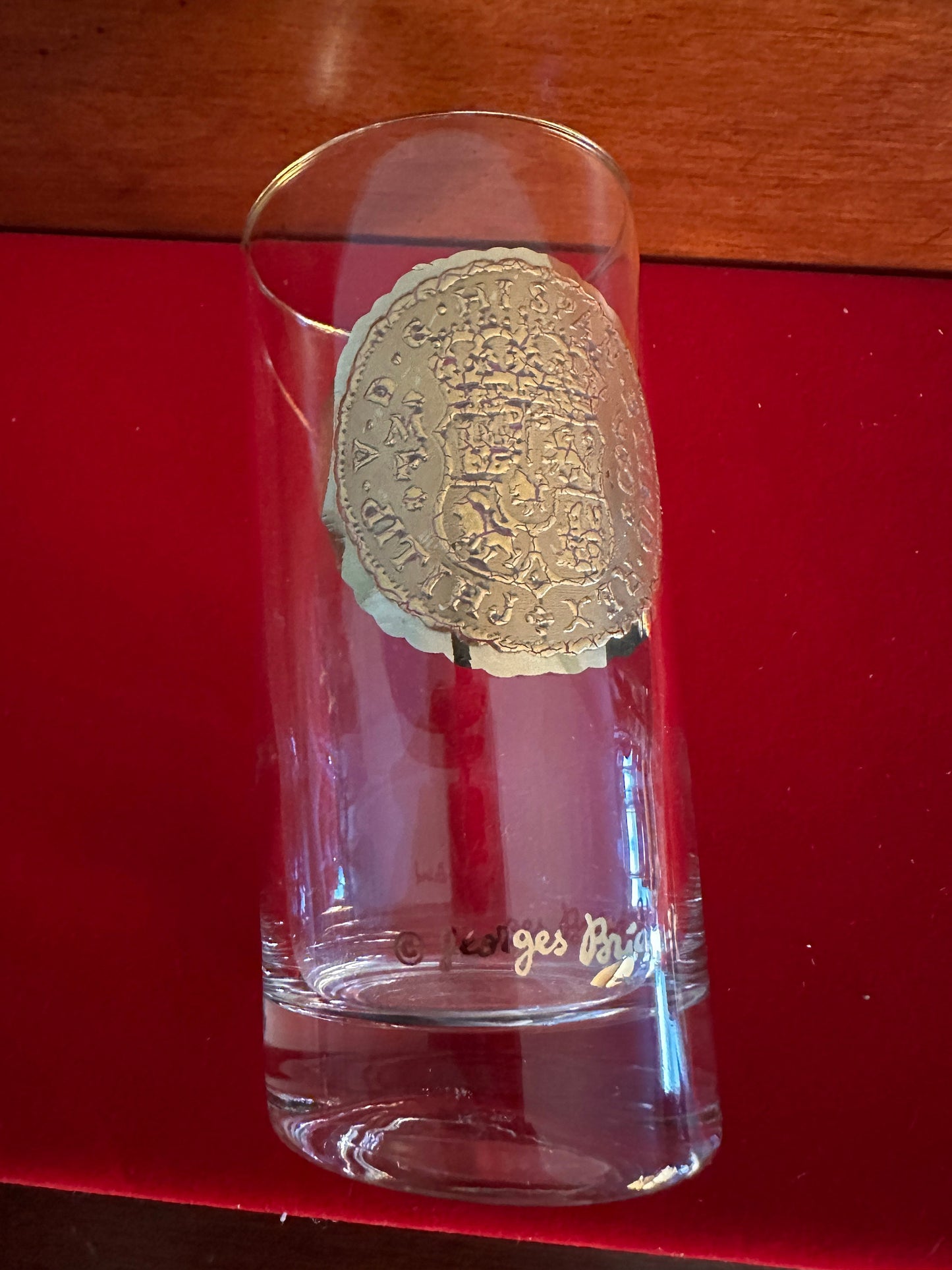 Vintage Georges Briard 24K Gold 5 1/2” Glass, 24K Glass High Ball Glass Dubloon Coin Design, Lover Antiques and Vintage