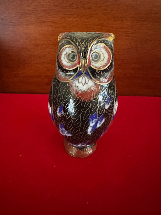 Vintage Cloisonné Enamel Owl Statue with Brass Base, Colorful Enameled Black Green Red Blue Owl Figurine, Lover Antiques and Vintage