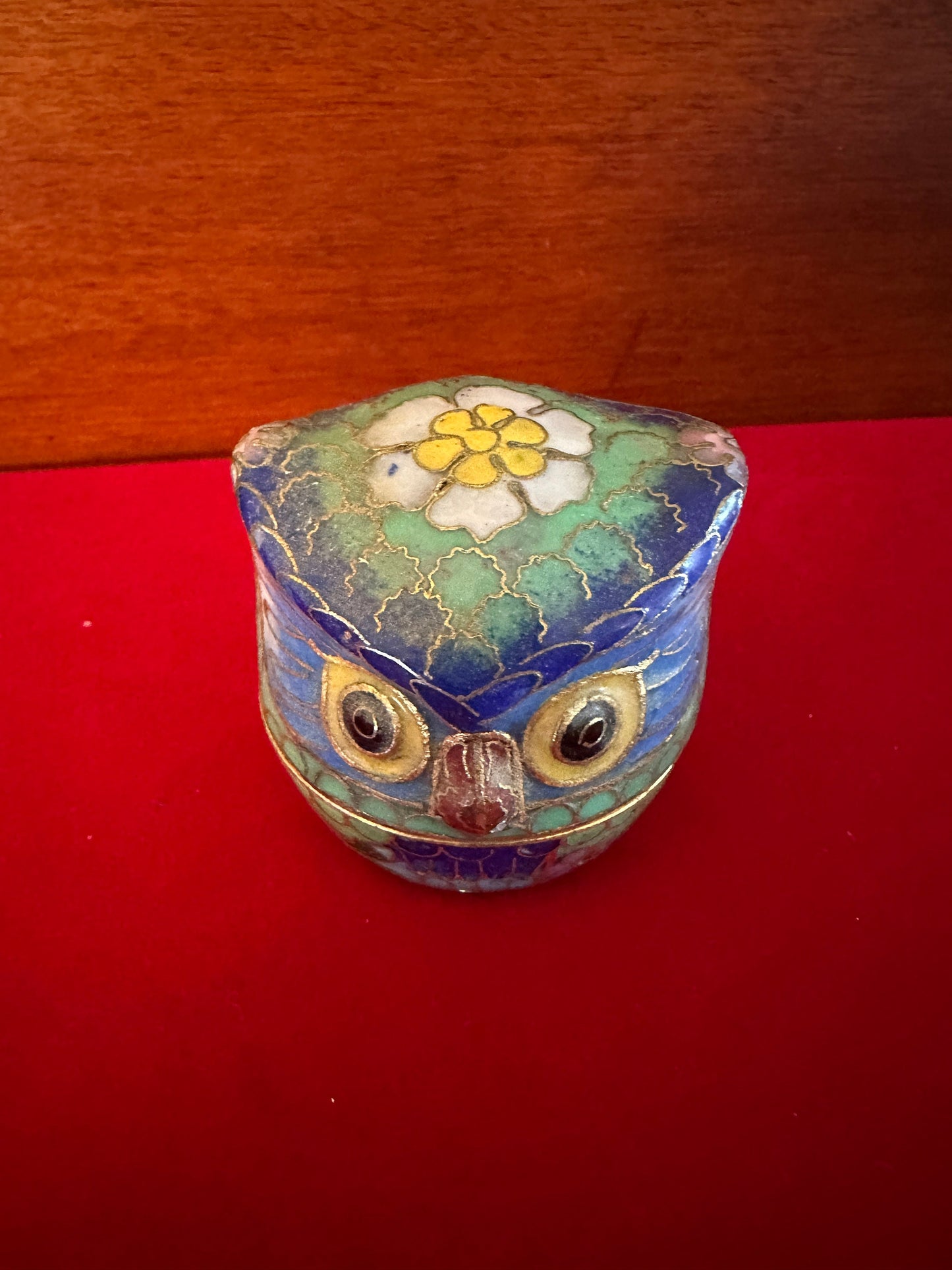 Vintage Cloisonné Enameled Owl Trinket Box, Flower Design on Top, Brass with Enamel Owl Box, Owl Figurine, Lover Antiques and Vintage