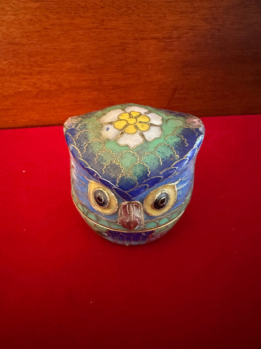 Vintage Cloisonné Enameled Owl Trinket Box, Flower Design on Top, Brass with Enamel Owl Box, Owl Figurine, Lover Antiques and Vintage