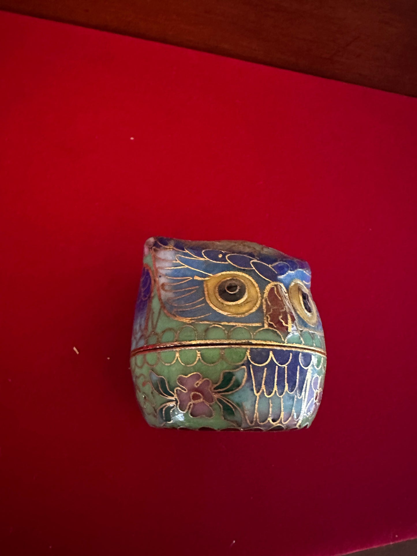 Vintage Cloisonné Enameled Owl Trinket Box, Flower Design on Top, Brass with Enamel Owl Box, Owl Figurine, Lover Antiques and Vintage