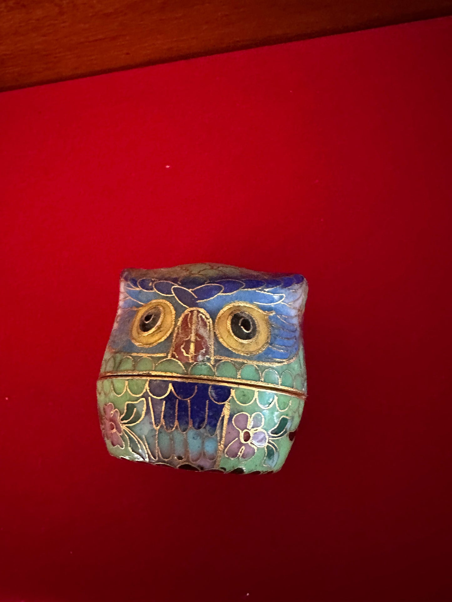 Vintage Cloisonné Enameled Owl Trinket Box, Flower Design on Top, Brass with Enamel Owl Box, Owl Figurine, Lover Antiques and Vintage