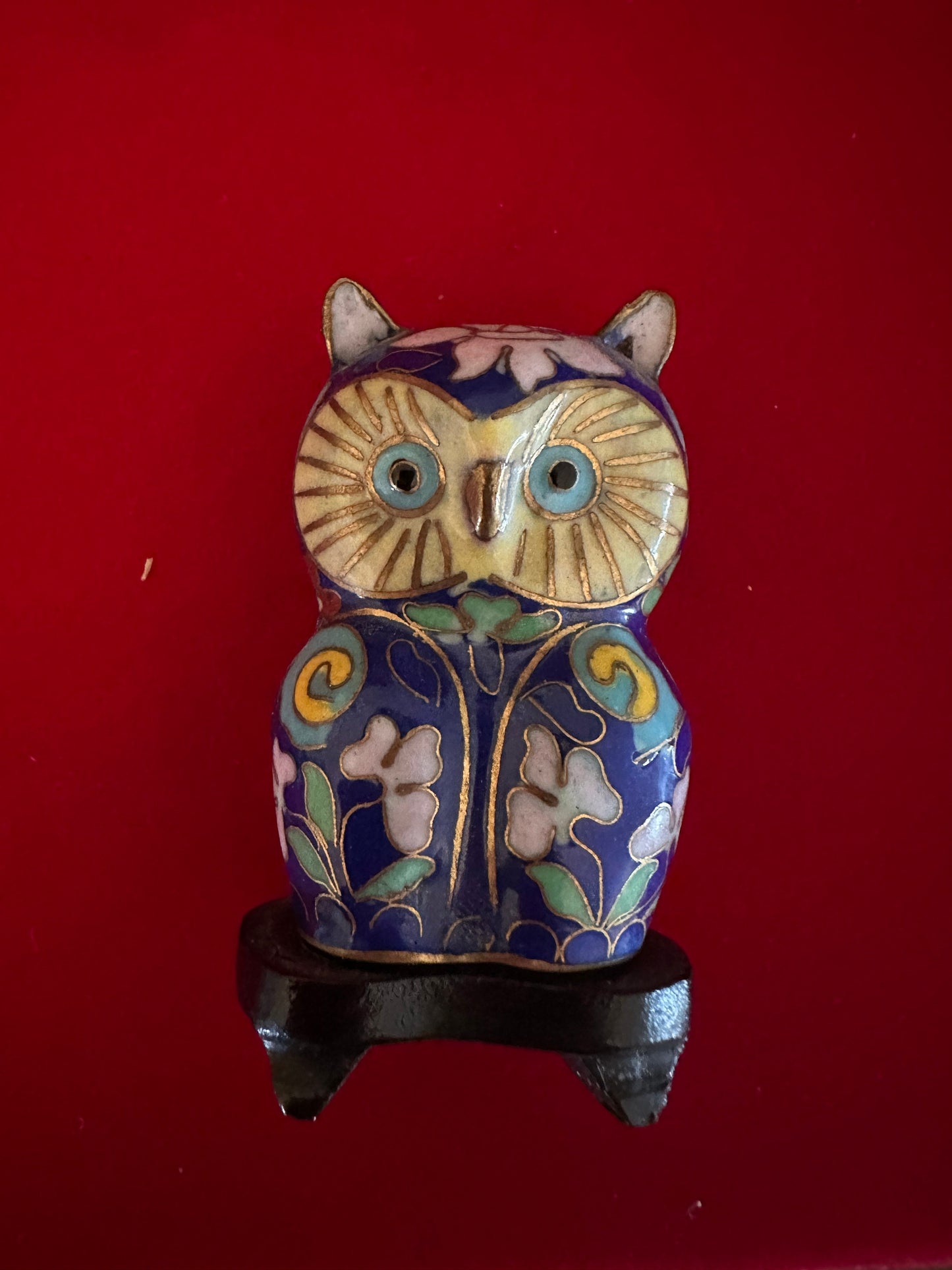 Vintage Cloisonné Enamel Owl Statue on a Stool, Owl on a Base, Enameled Cobalt Blue Owl Figurine, Lover Antiques and Vintage