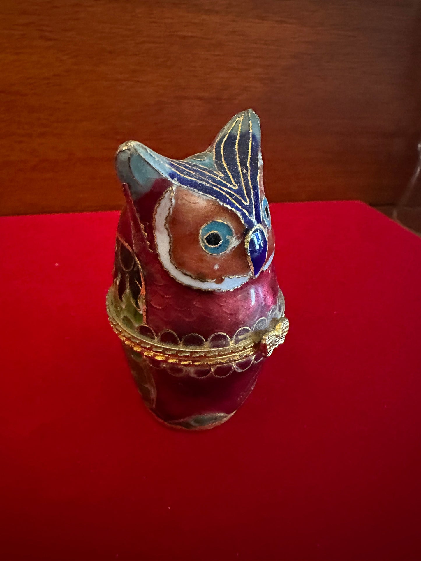 Vintage Cloisonné Enamel Owl Trinket Box, Red Enameled Cobalt Blue Owl Figurine, Lover Antiques and Vintage