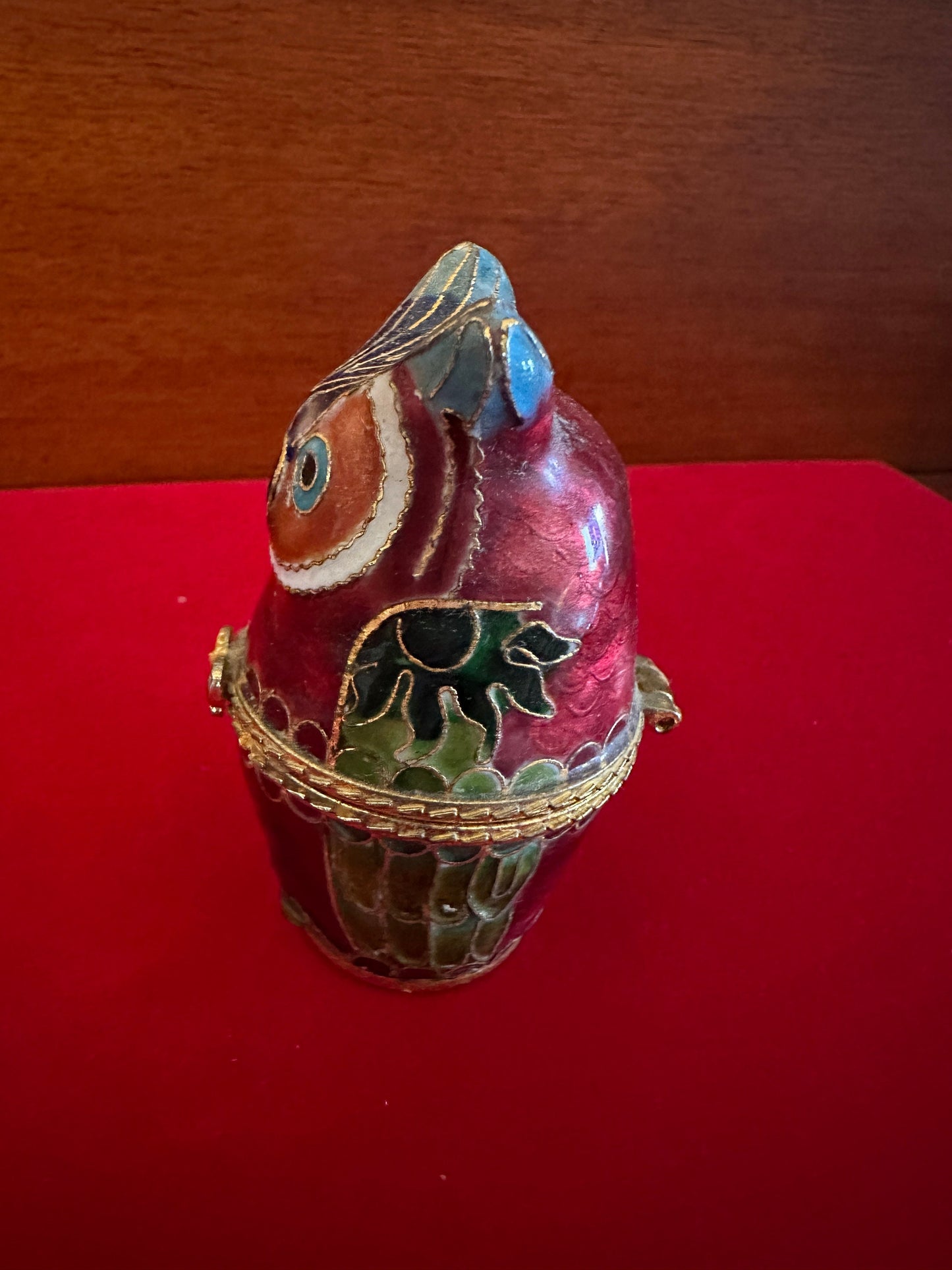 Vintage Cloisonné Enamel Owl Trinket Box, Red Enameled Cobalt Blue Owl Figurine, Lover Antiques and Vintage