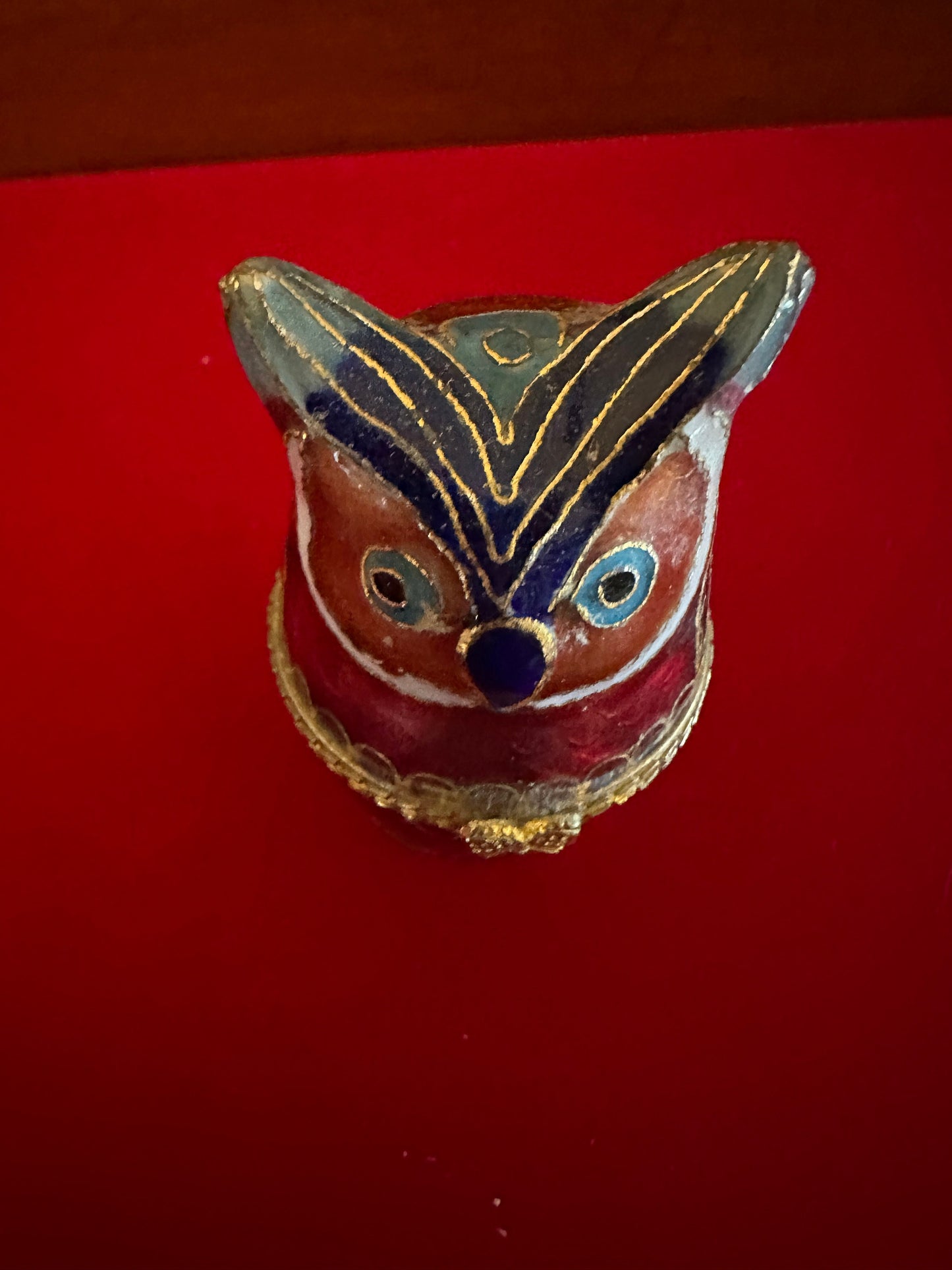 Vintage Cloisonné Enamel Owl Trinket Box, Red Enameled Cobalt Blue Owl Figurine, Lover Antiques and Vintage
