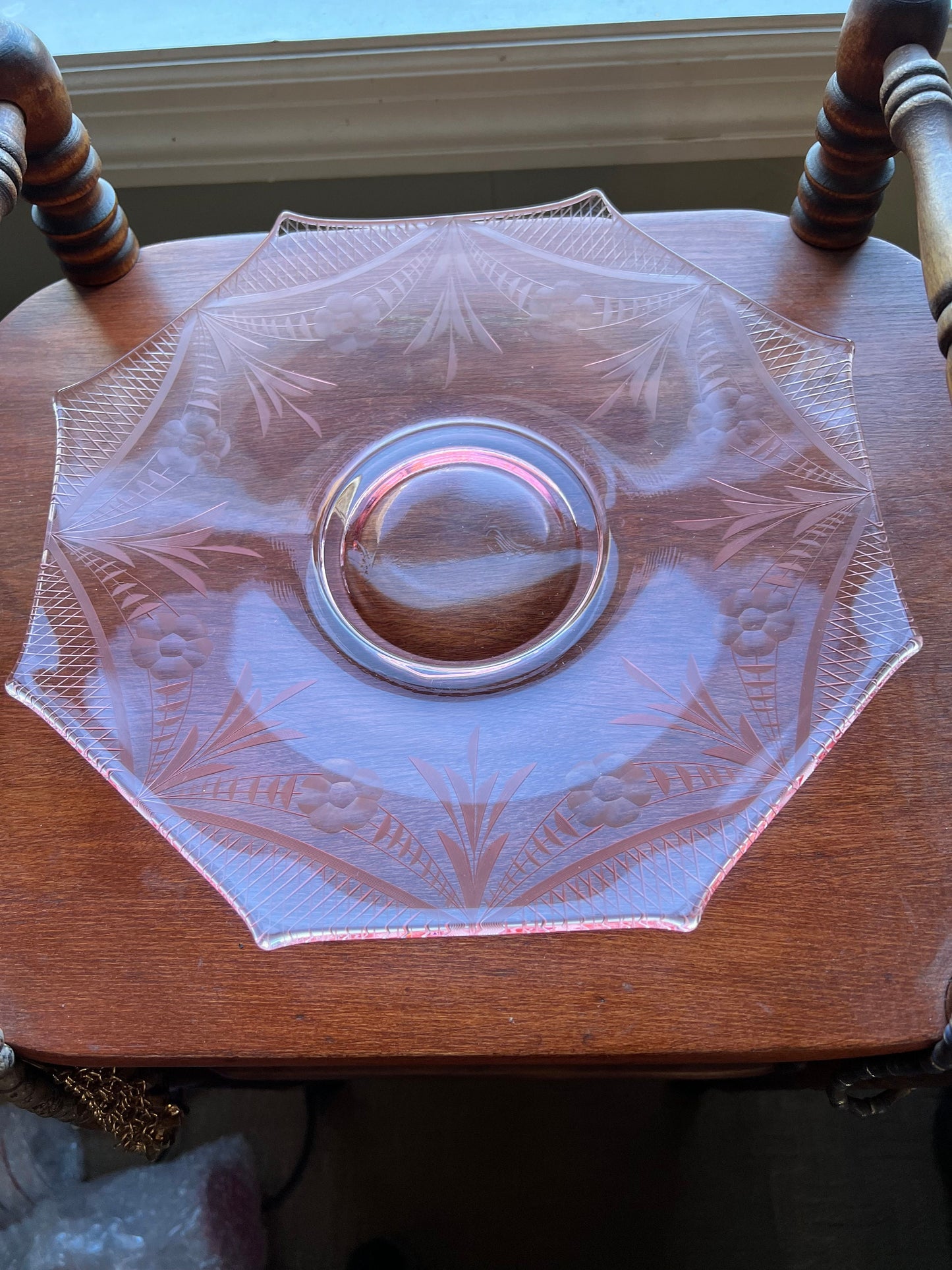 Vintage Pink Tiffin Glass Octagonal Serving Platter, Pink Footed 8 Sided Dish, Pink Depression Glass Art, Lover Antiques and Vintage