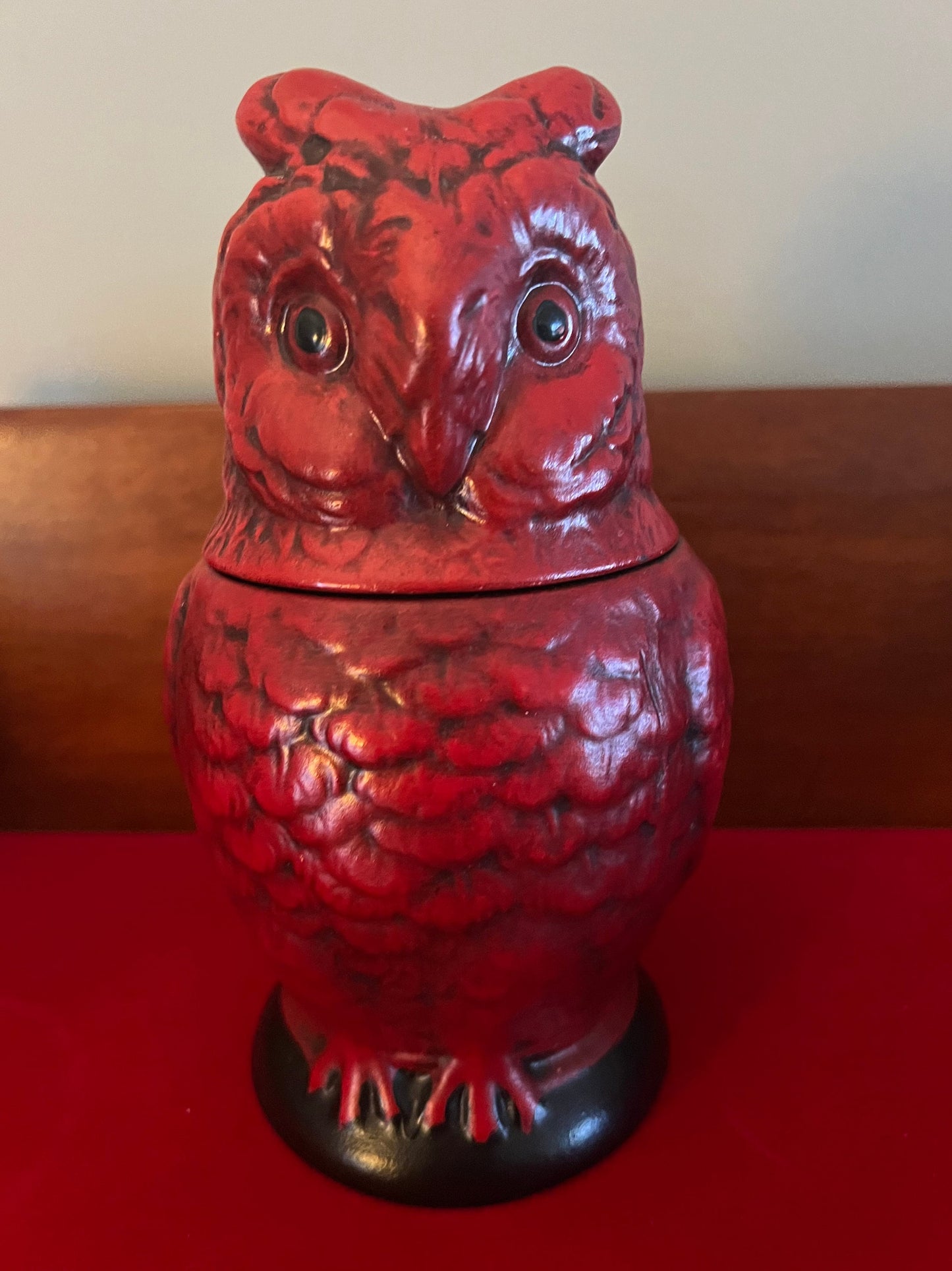 Vintage Red Ceramic Owl Jar with Lid, Owl with Removeable Head Ceramic Art, Lover Antiques and Vintage
