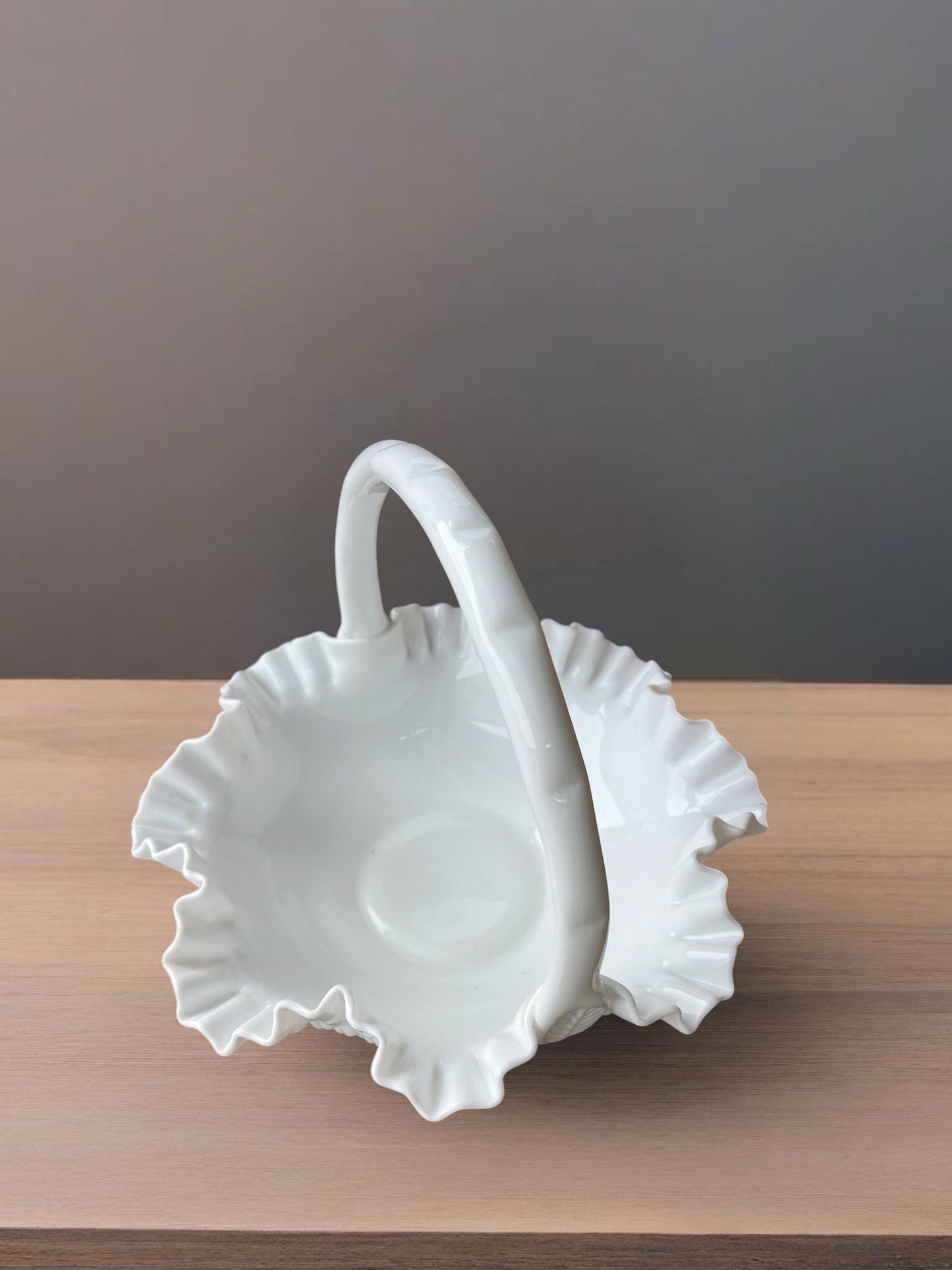 Fenton Large White Hobnail Ruffled Milk Glass Basket, White Fenton Large Basket, Ruffled Art Glass, Lover Antiques and Vintage