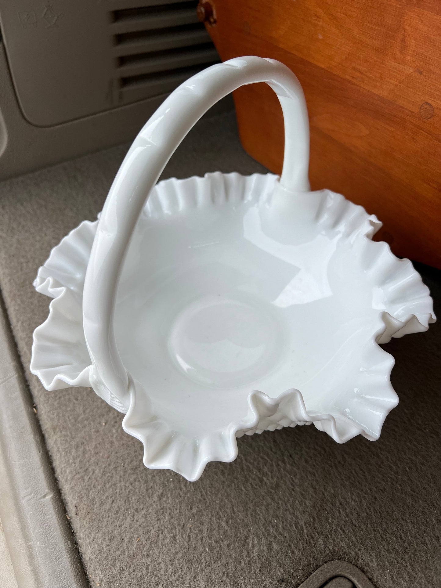Fenton Large White Hobnail Ruffled Milk Glass Basket, White Fenton Large Basket, Ruffled Art Glass, Lover Antiques and Vintage