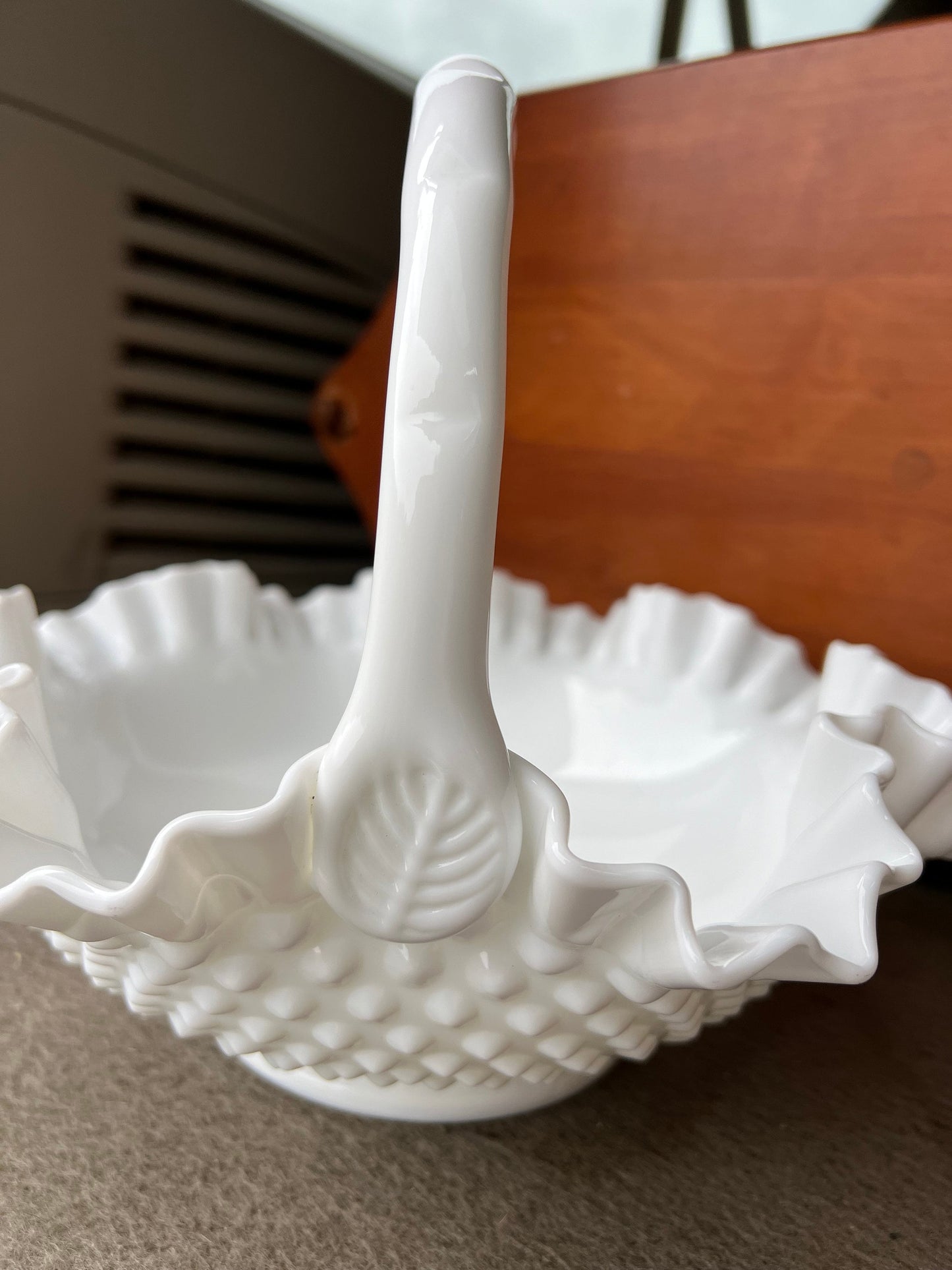 Fenton Large White Hobnail Ruffled Milk Glass Basket, White Fenton Large Basket, Ruffled Art Glass, Lover Antiques and Vintage