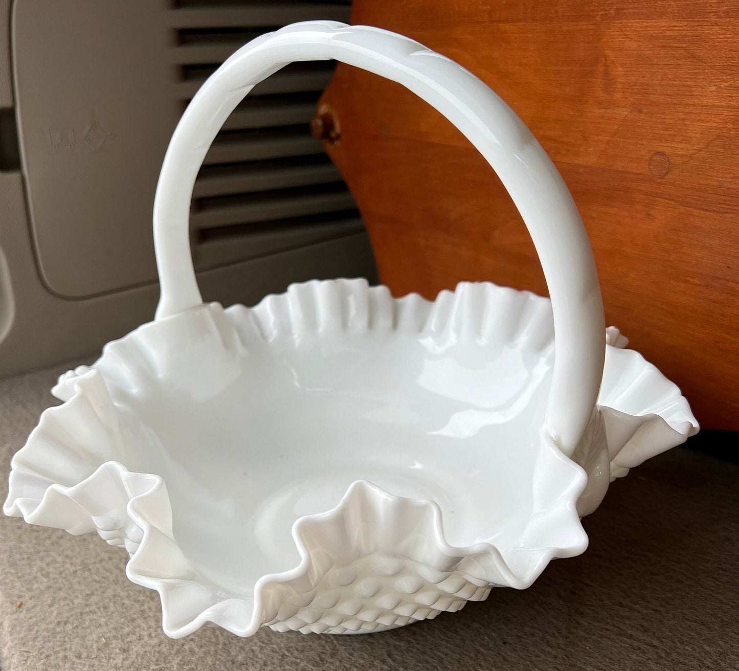 Fenton Large White Hobnail Ruffled Milk Glass Basket, White Fenton Large Basket, Ruffled Art Glass, Lover Antiques and Vintage