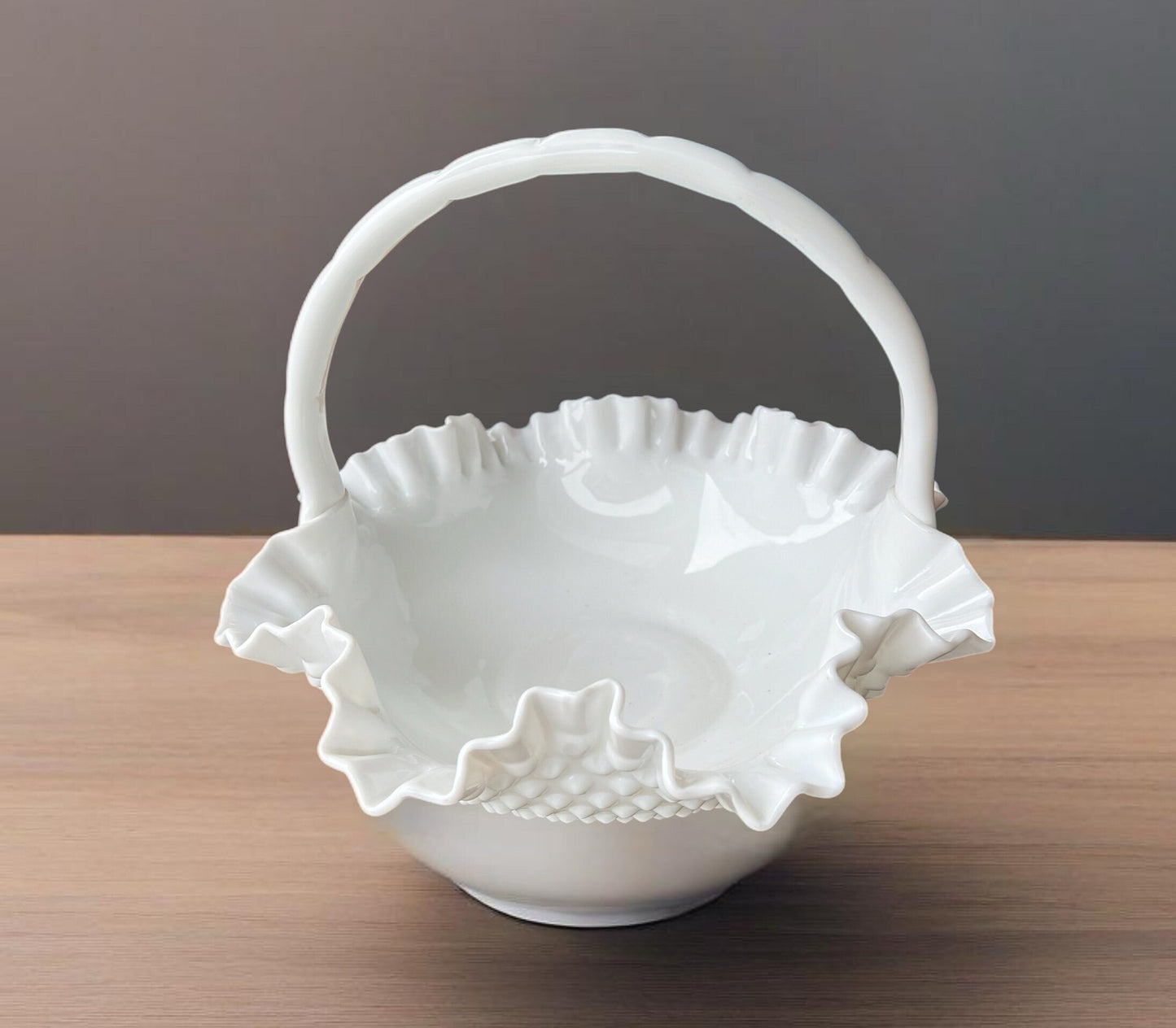 Fenton Large White Hobnail Ruffled Milk Glass Basket, White Fenton Large Basket, Ruffled Art Glass, Lover Antiques and Vintage