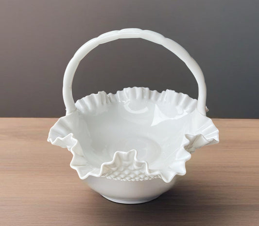 Fenton Large White Hobnail Ruffled Milk Glass Basket, White Fenton Large Basket, Ruffled Art Glass, Lover Antiques and Vintage
