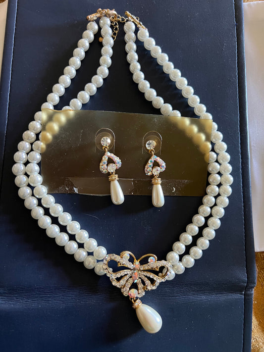 Vintage Butterfly Rhinestones and Faux Pearl Necklace & Matching Earrings Set, Michael’s Jewelers of CT, Lover Antiques and Vintage