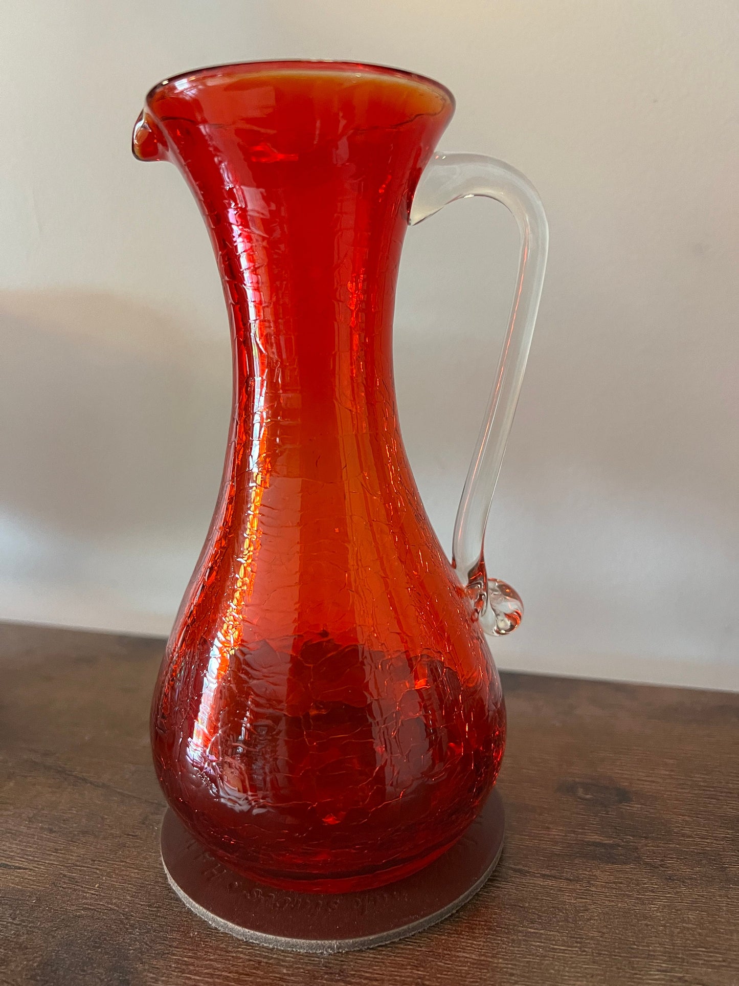 Vintage Red Amberina 7” Glass Pitcher Bud Vase, Applied Handle Red Yellow Glass, Lover Antiques and Vintage