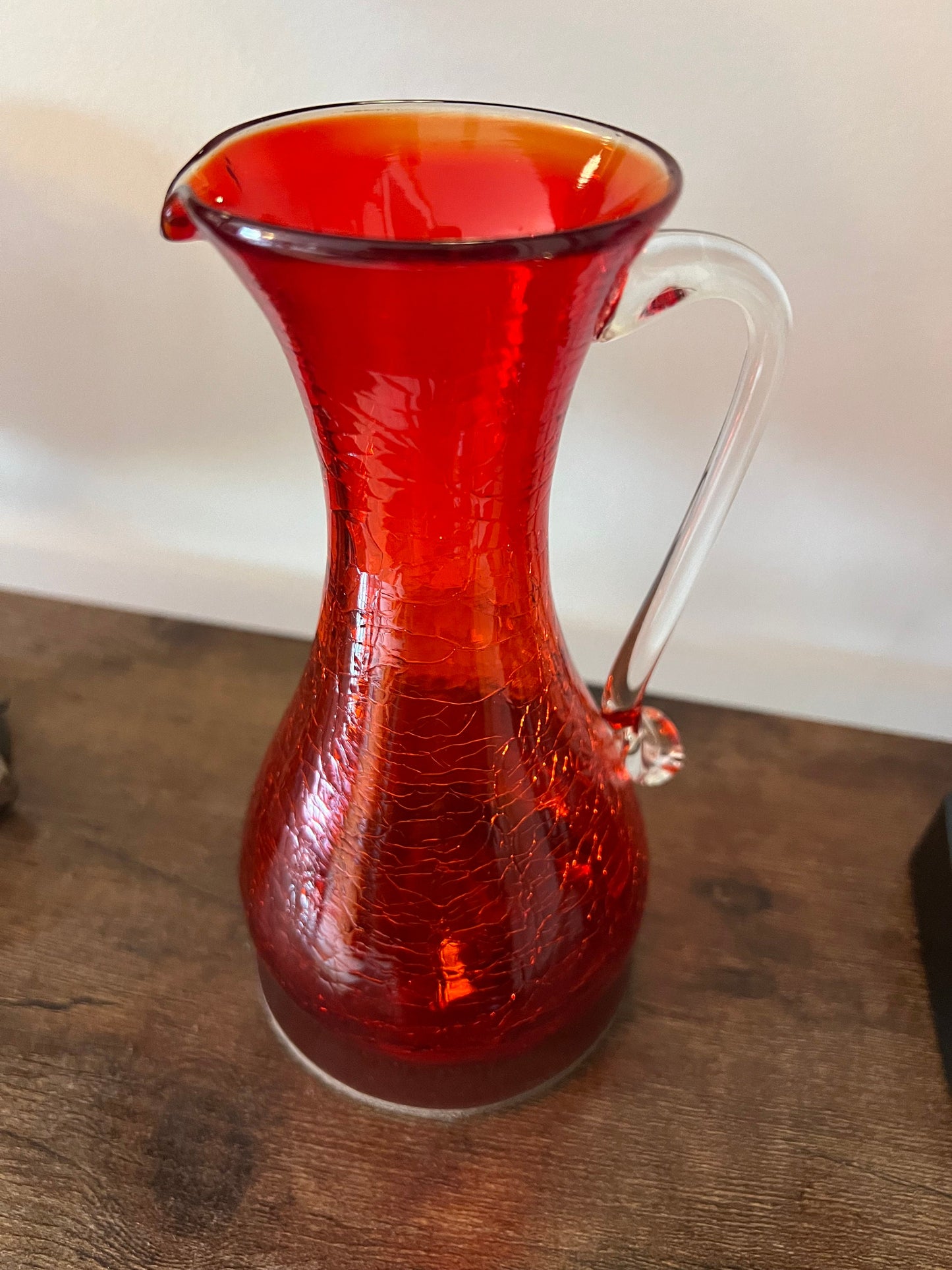 Vintage Red Amberina 7” Glass Pitcher Bud Vase, Applied Handle Red Yellow Glass, Lover Antiques and Vintage